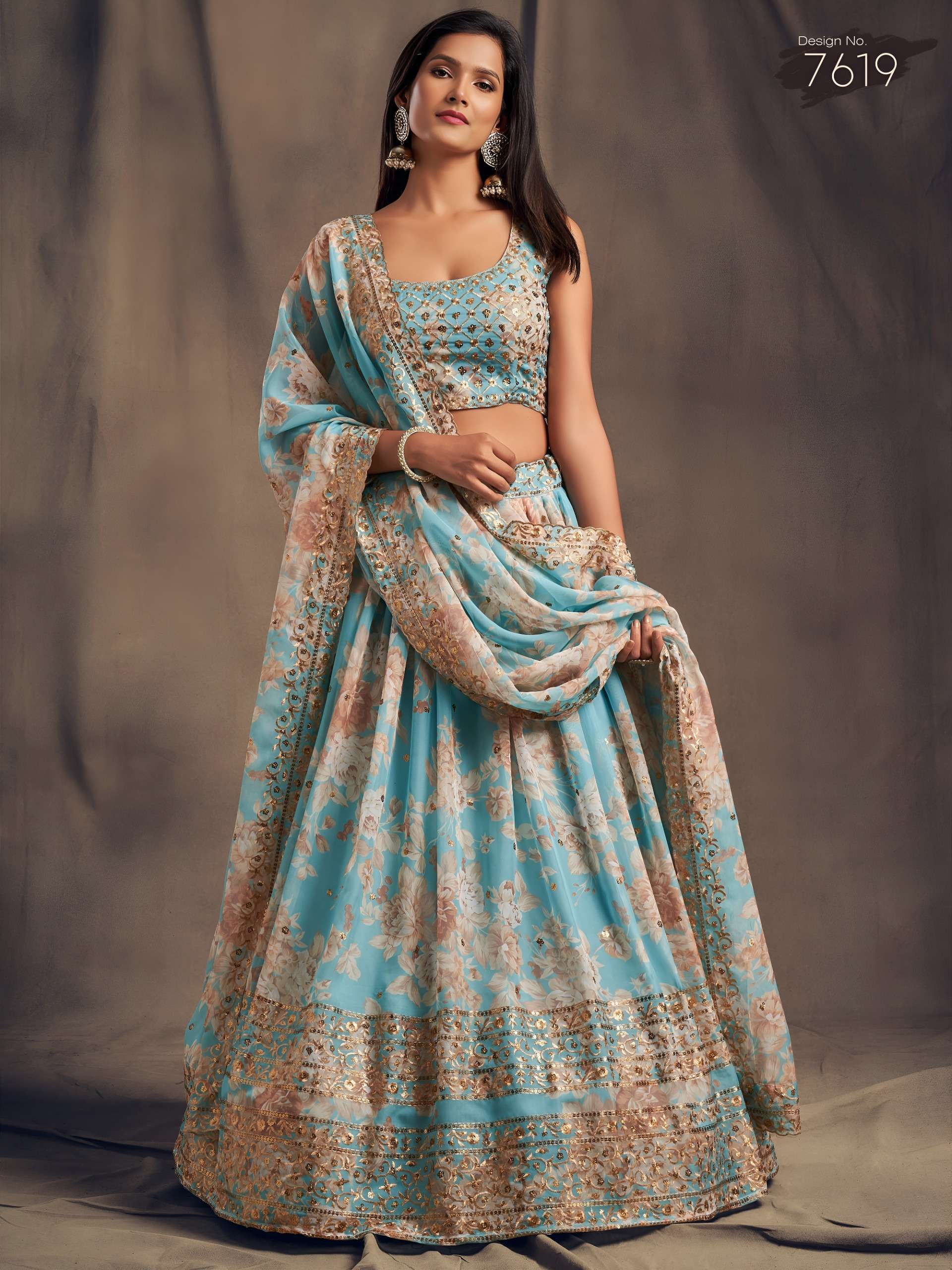 Sky Blue Colour with Beautiful Floral Printed Designer Lehenga Choli Wholesale in surat 7619