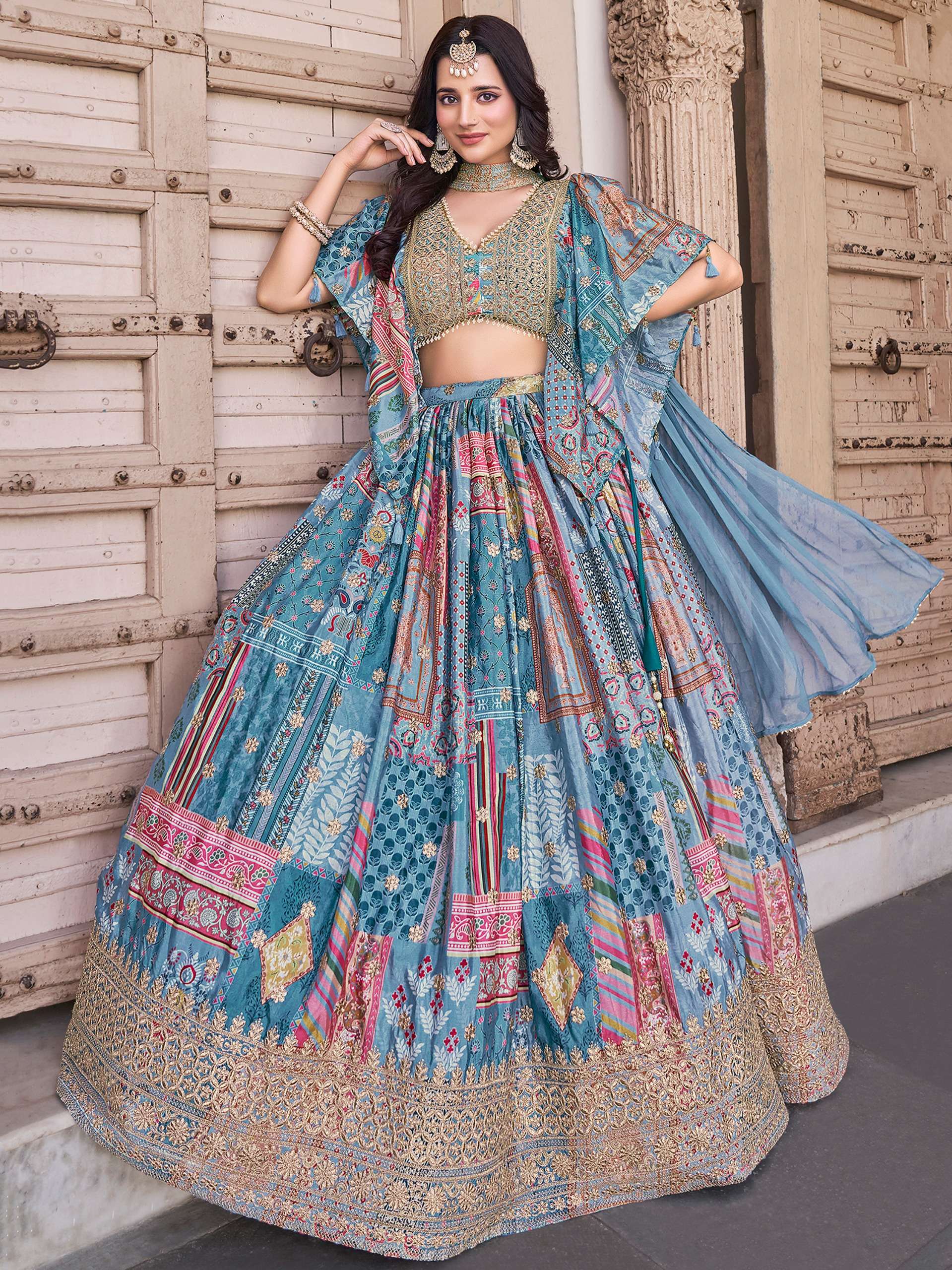 Sky Blue Royal colour Designer Chinnon Silk fabric Lehenga Choli reseller in surat 7050 Sky Blue