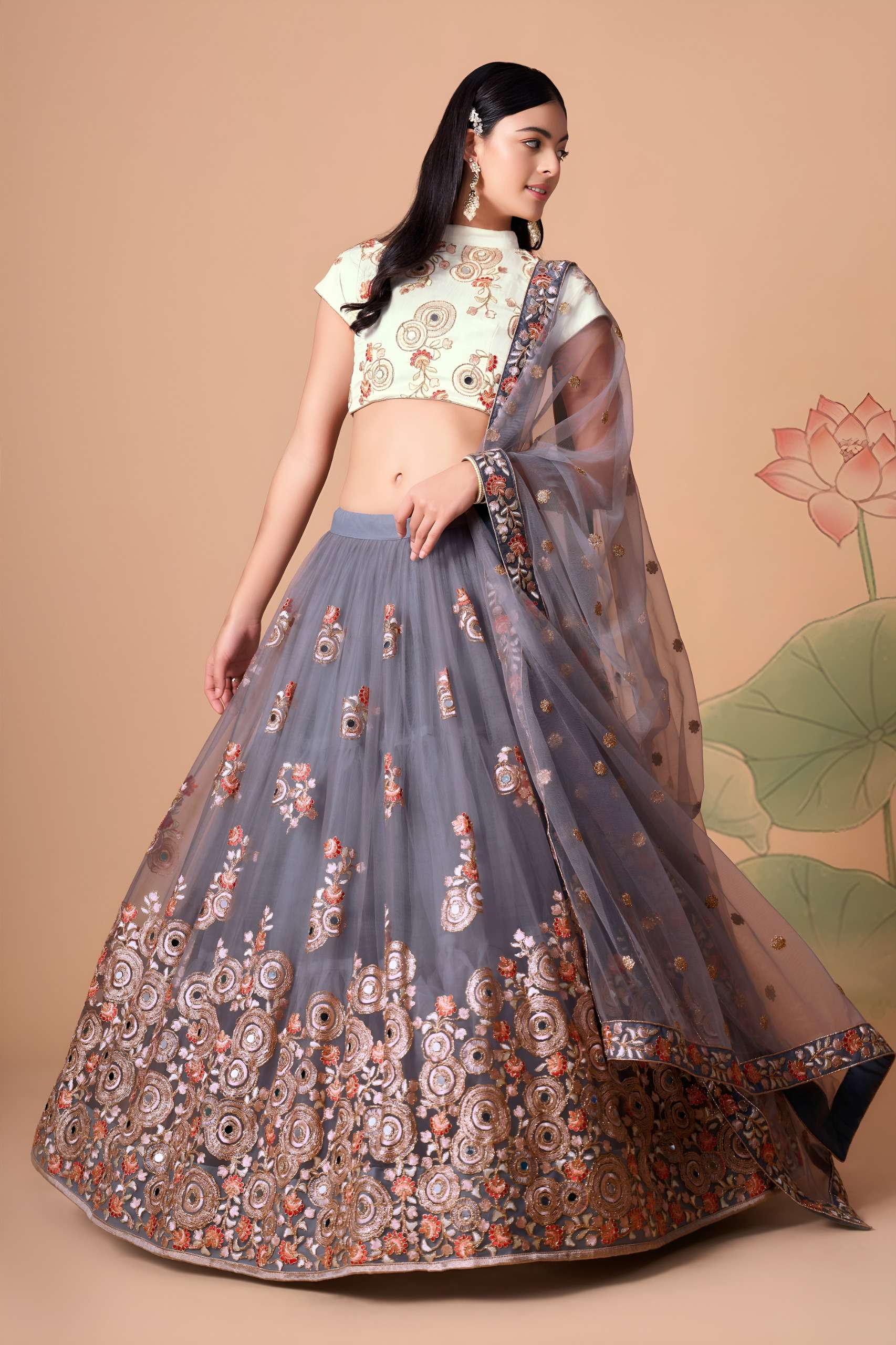 Smoky Grey & Off White colour in Soft Net fabric and Embroidered work on Lehenga Choli reseller in surat 7321 Grey 