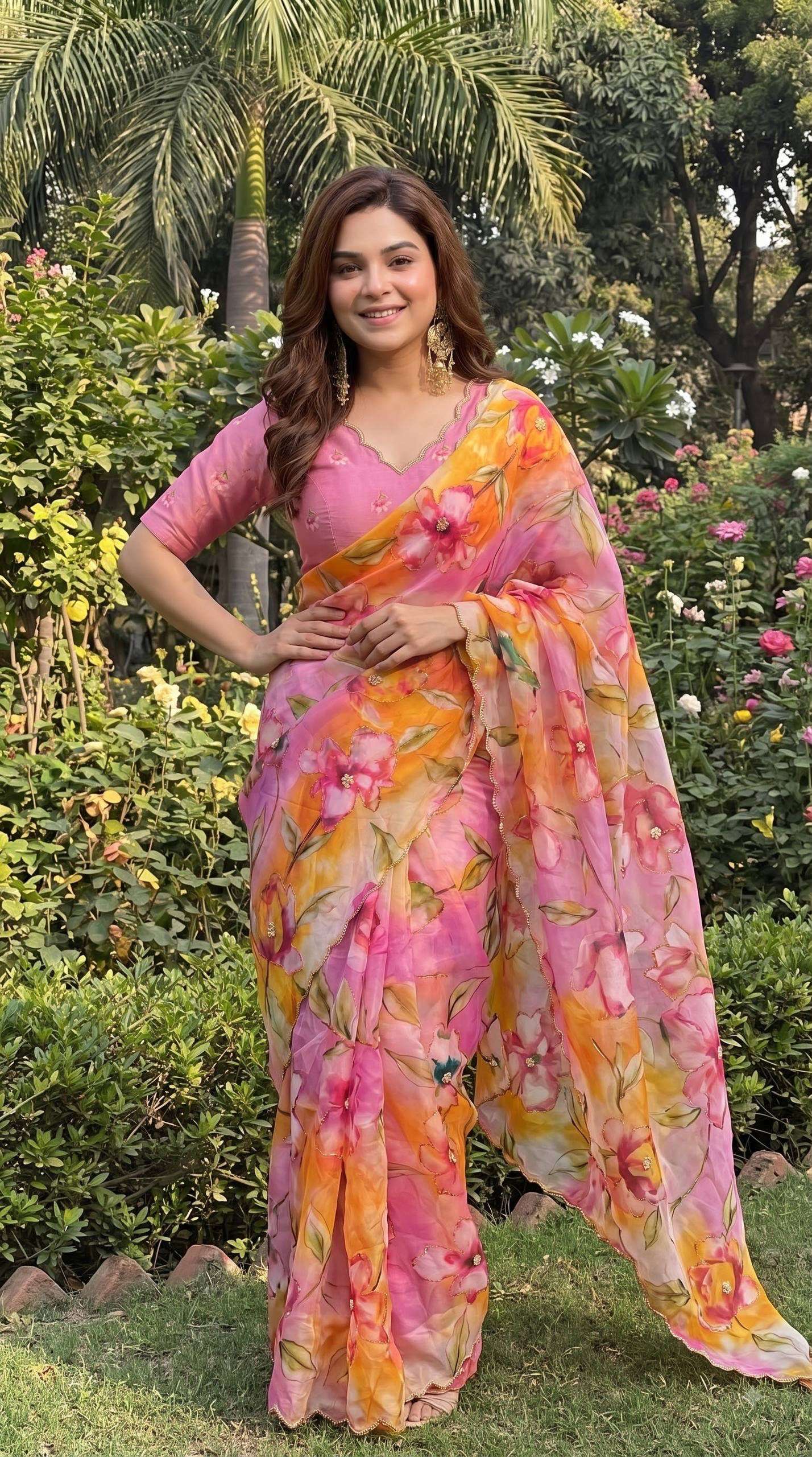 Soft and pure Georgette fabric saree with handmade flower print on saree wholesale in surat VK4529