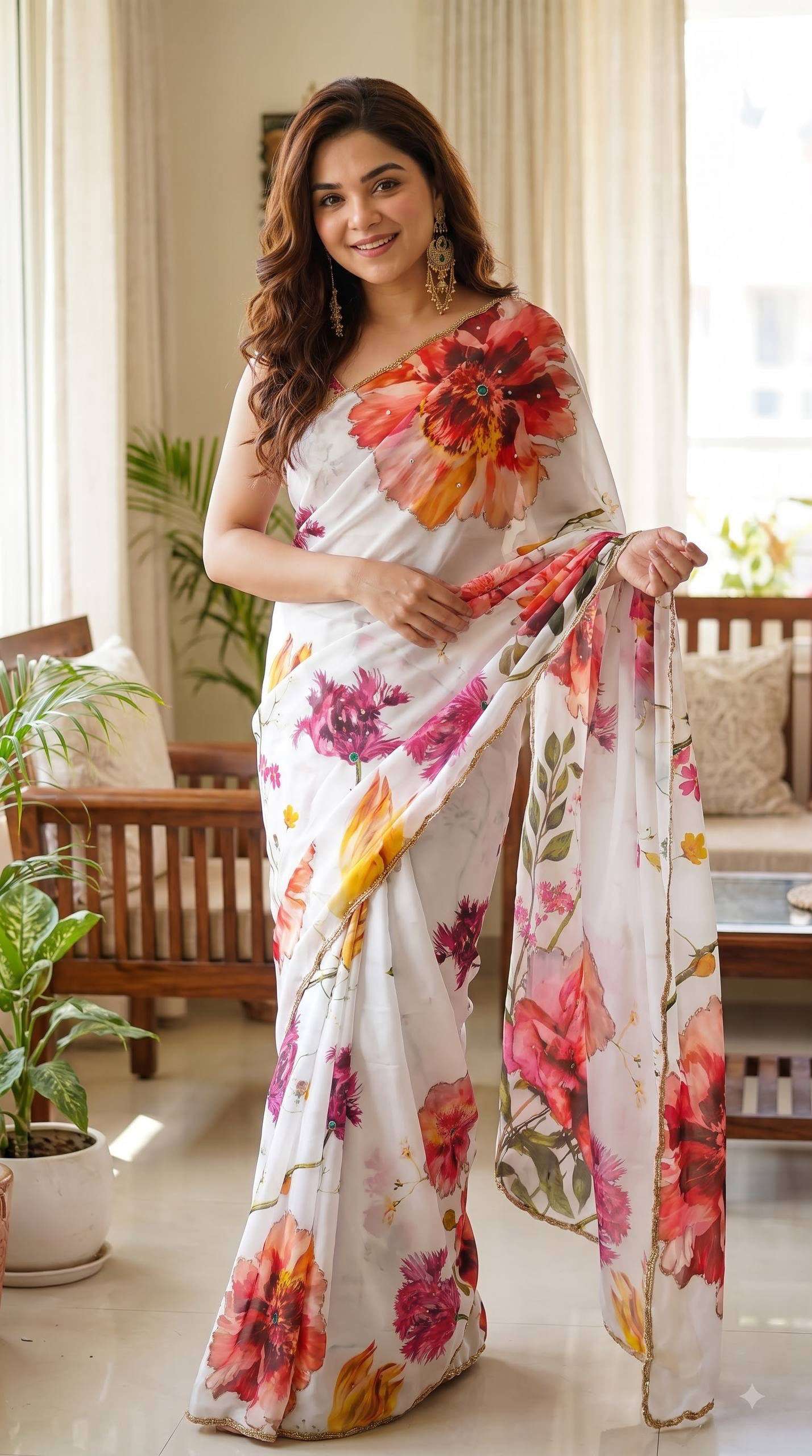 Soft and pure Georgette Fabric with flower print on saree reseller in surat VK4537