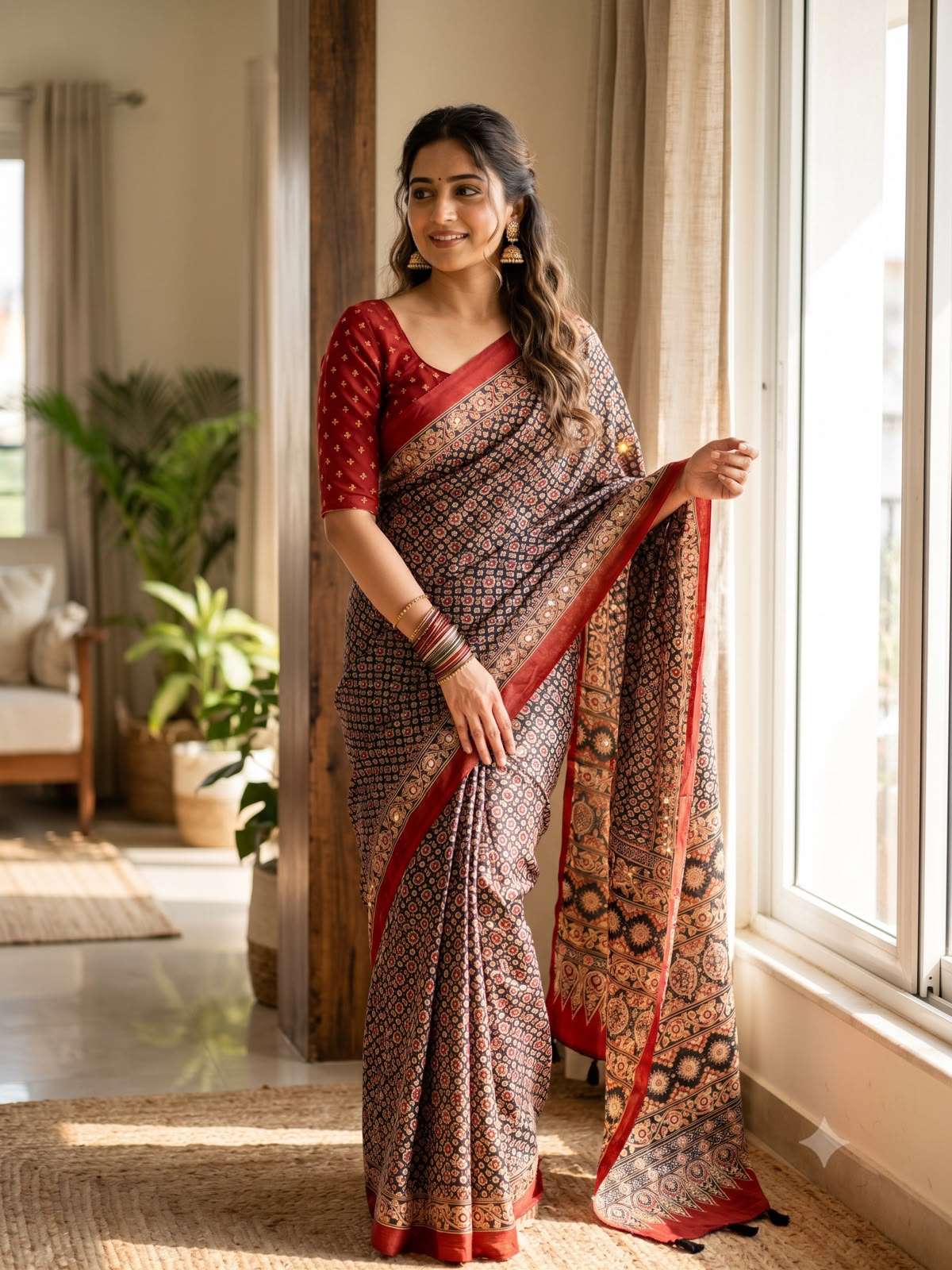 Soft and pure Satin Crepe fabric and Ajarakh print and mirror work on saree wholesale in surat 5602