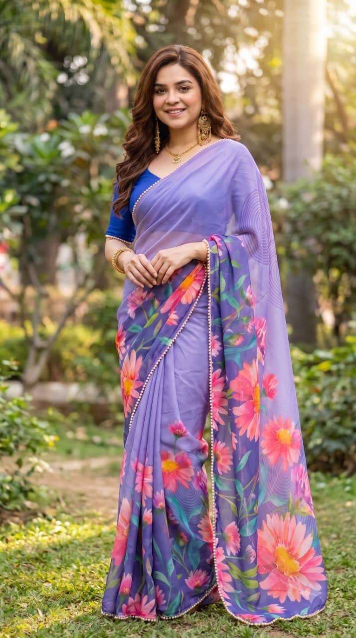  Soft Georgette Fabric With Flower Digital Print On with pearl lace border on Reseller in surat VK4540