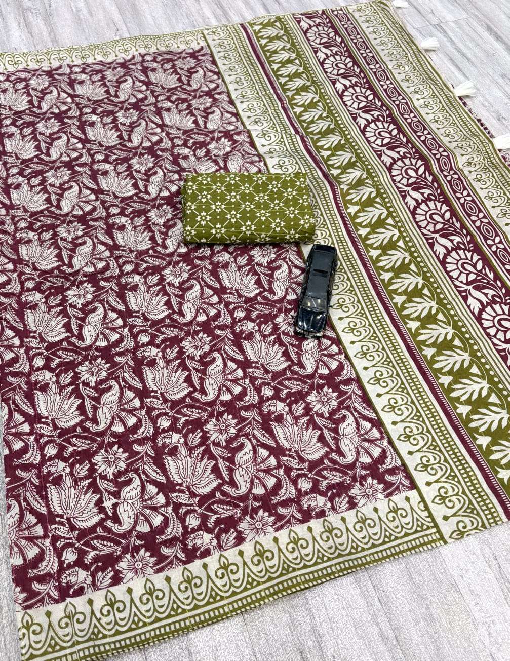 Soft Mal Chanderi Cotton Fabric with beautiful Handicraft Ajrakh Print on Saree reseller in surat 