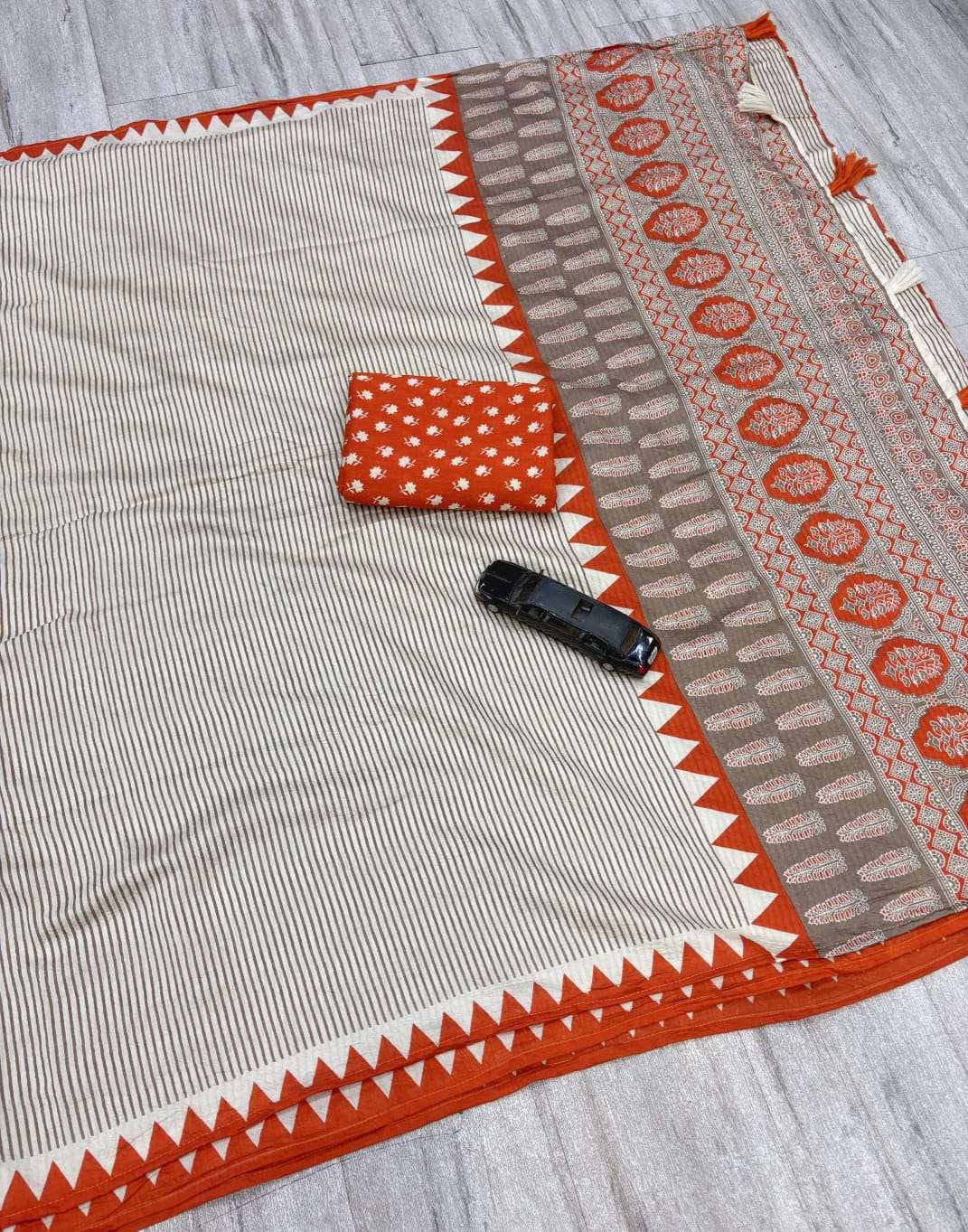 Soft Mal Chanderi Cotton Fabric with Handicraft Ajrakh Print on Saree reseller in surat
