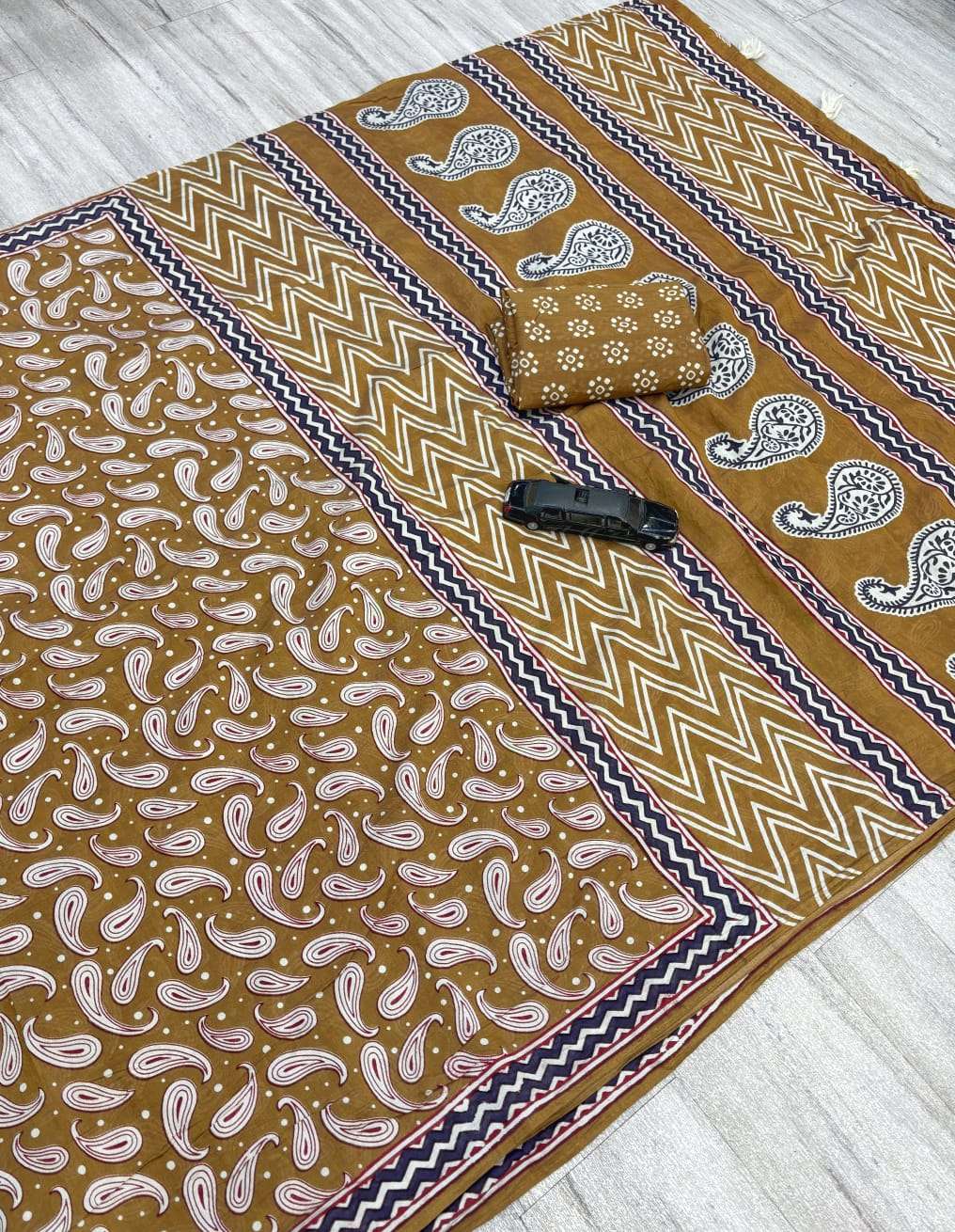 Soft Mal Chanderi Cotton Handicraft Ajrakh Print Saree reseller in surat
