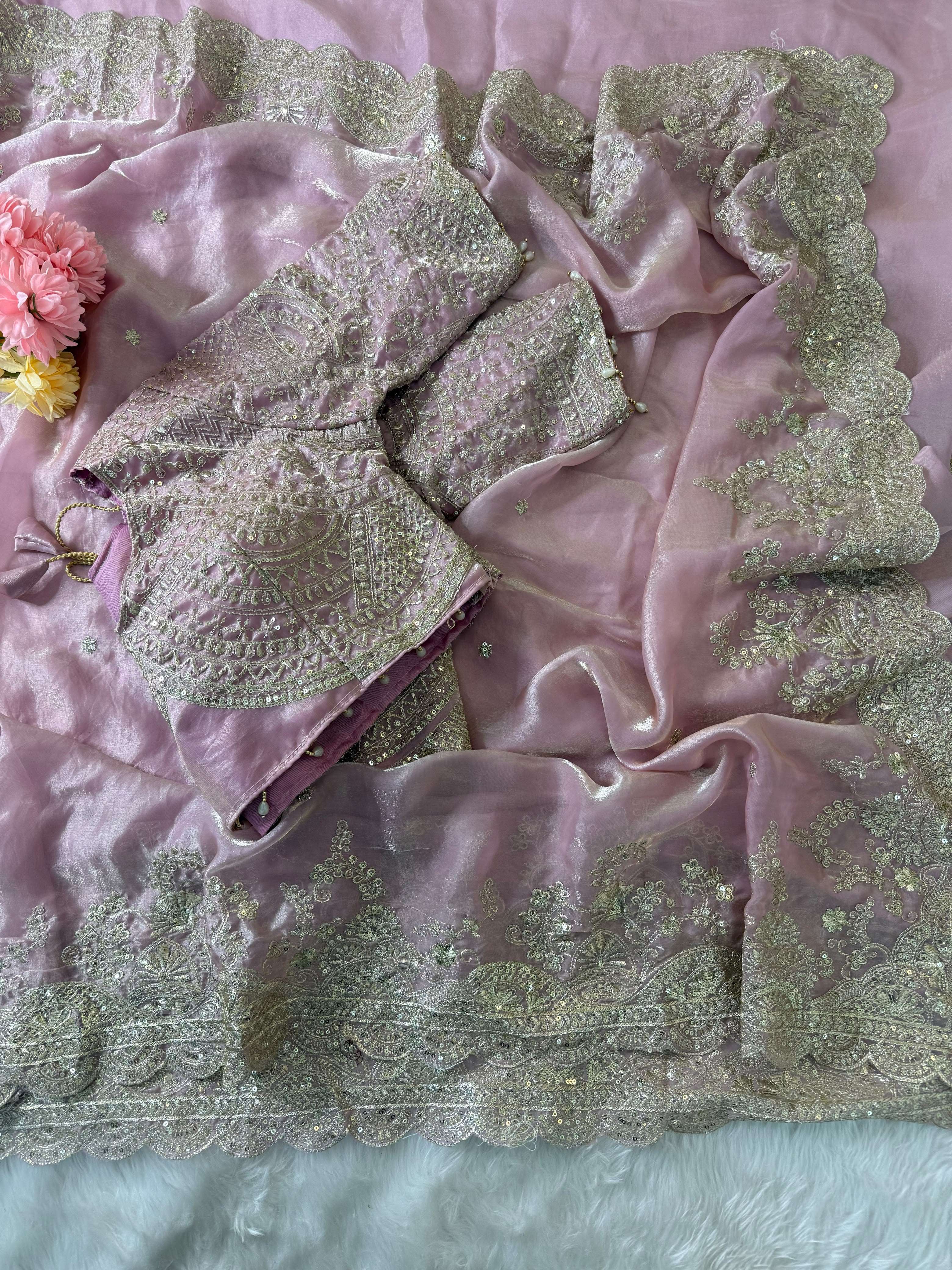 Soft Space Silk fancy fabric Heavy Embroidery work on Saree reseller in surat