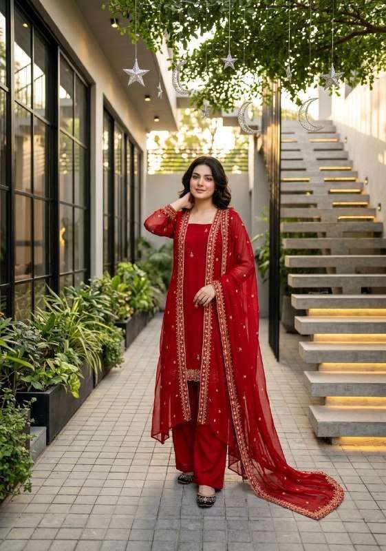 ST 254 WEDDING RED GEORGETTE SHARG TOP DUPATTA SET LUXURY PRET COLLECTION INDIA
