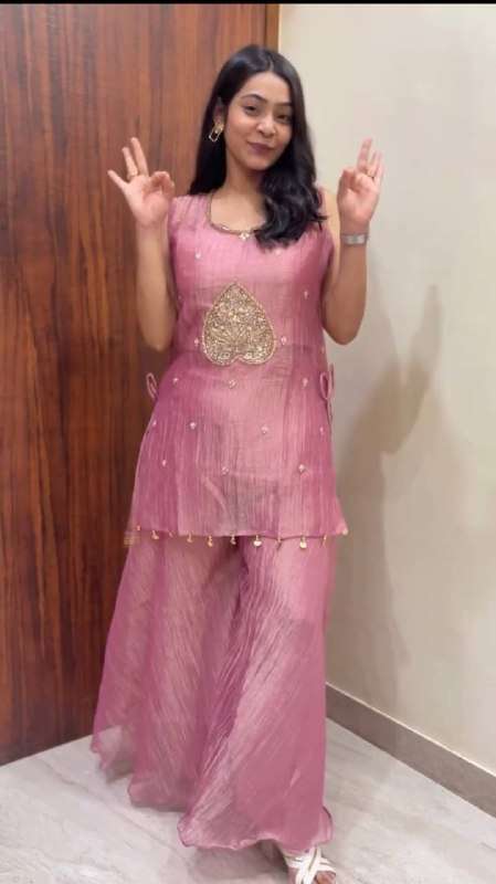 ST 255 SALSA FABRIC SEQUENCE TOP CHOLI PLAZZO SUIT FIRST PRE...
