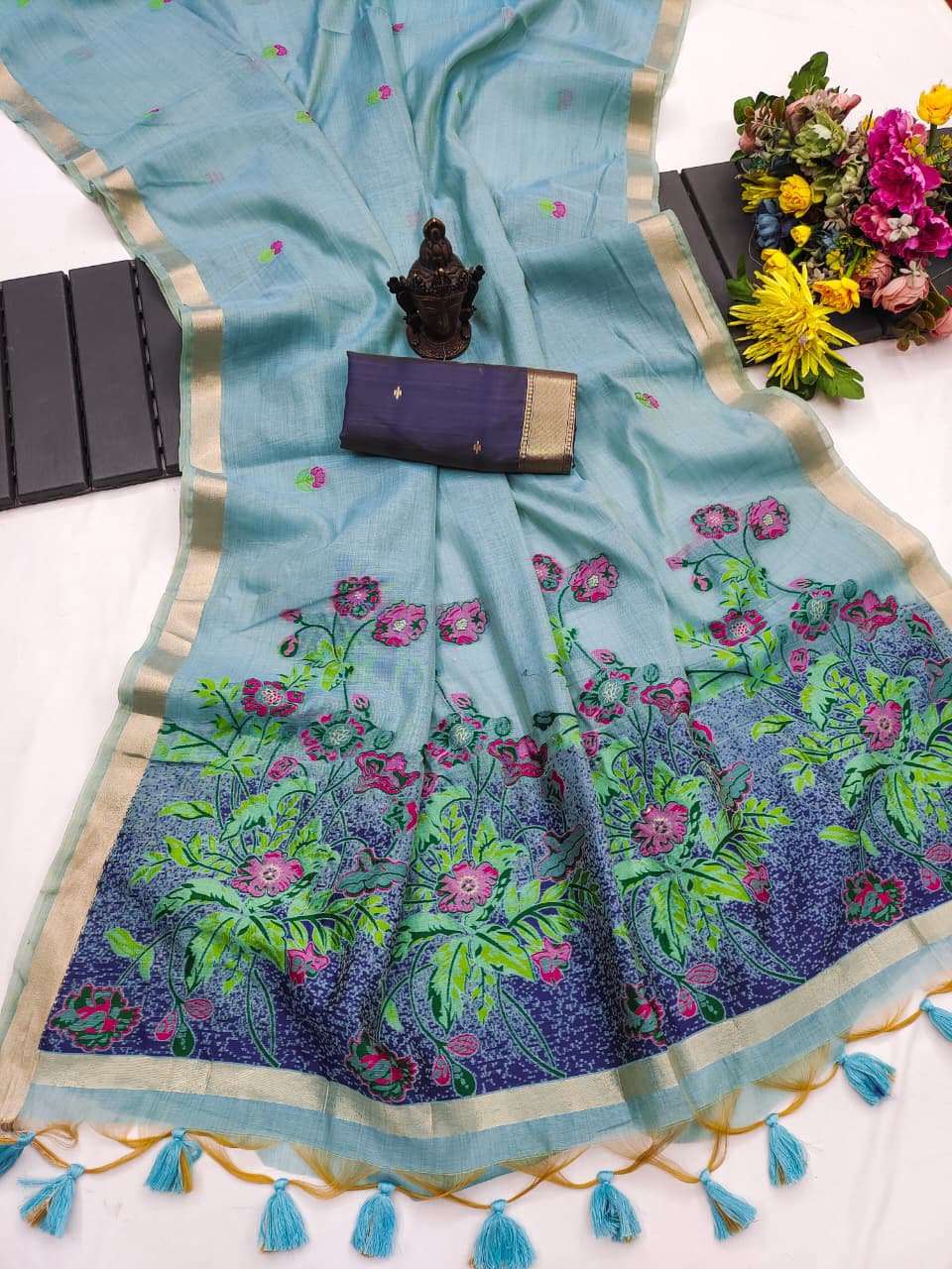 sundarta Soft and pure munga cotton fabric with beautiful flower print on saree wholesale in surat