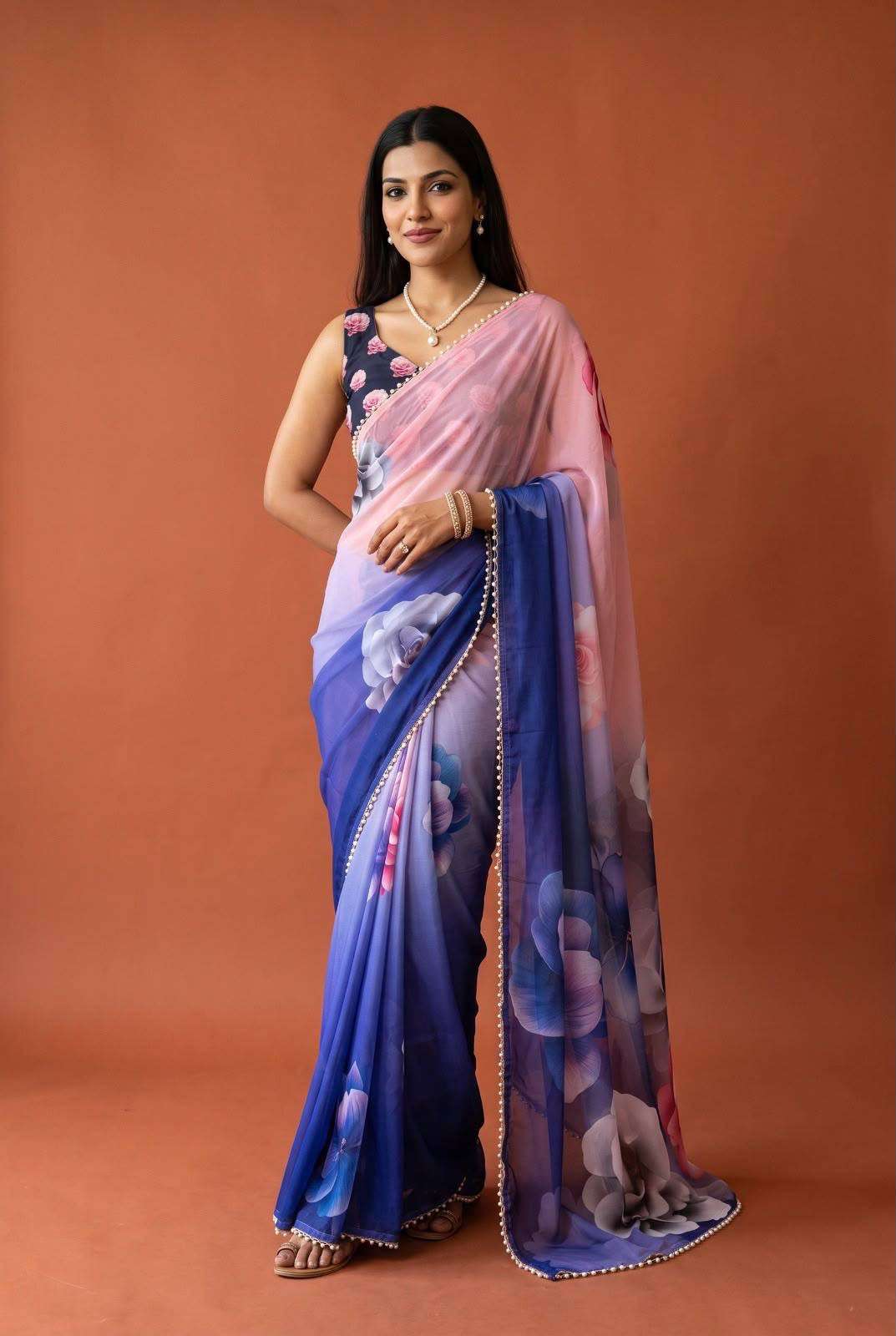 Super Soft Georgette fancy fabric flower print on saree reseller in surat VK4538 