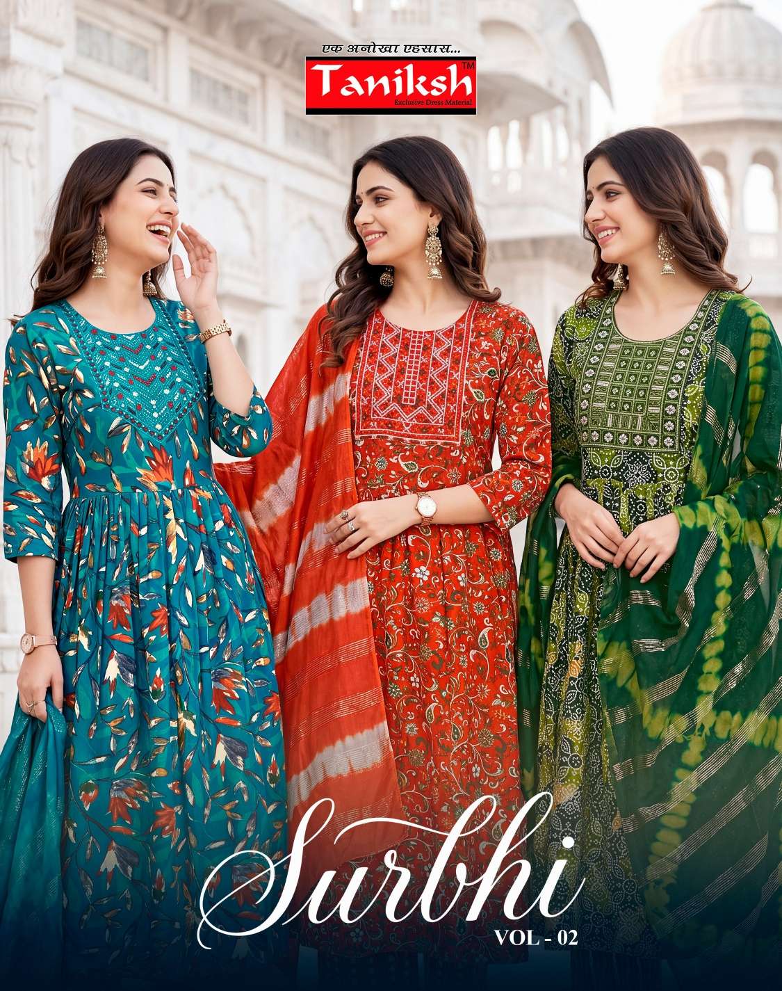 TANIKSH SURBHI VOL 2 RYON FOIL PRINT EMBROIDERY WORK ANARKALI STYLE SUIT STITCHED DEALER