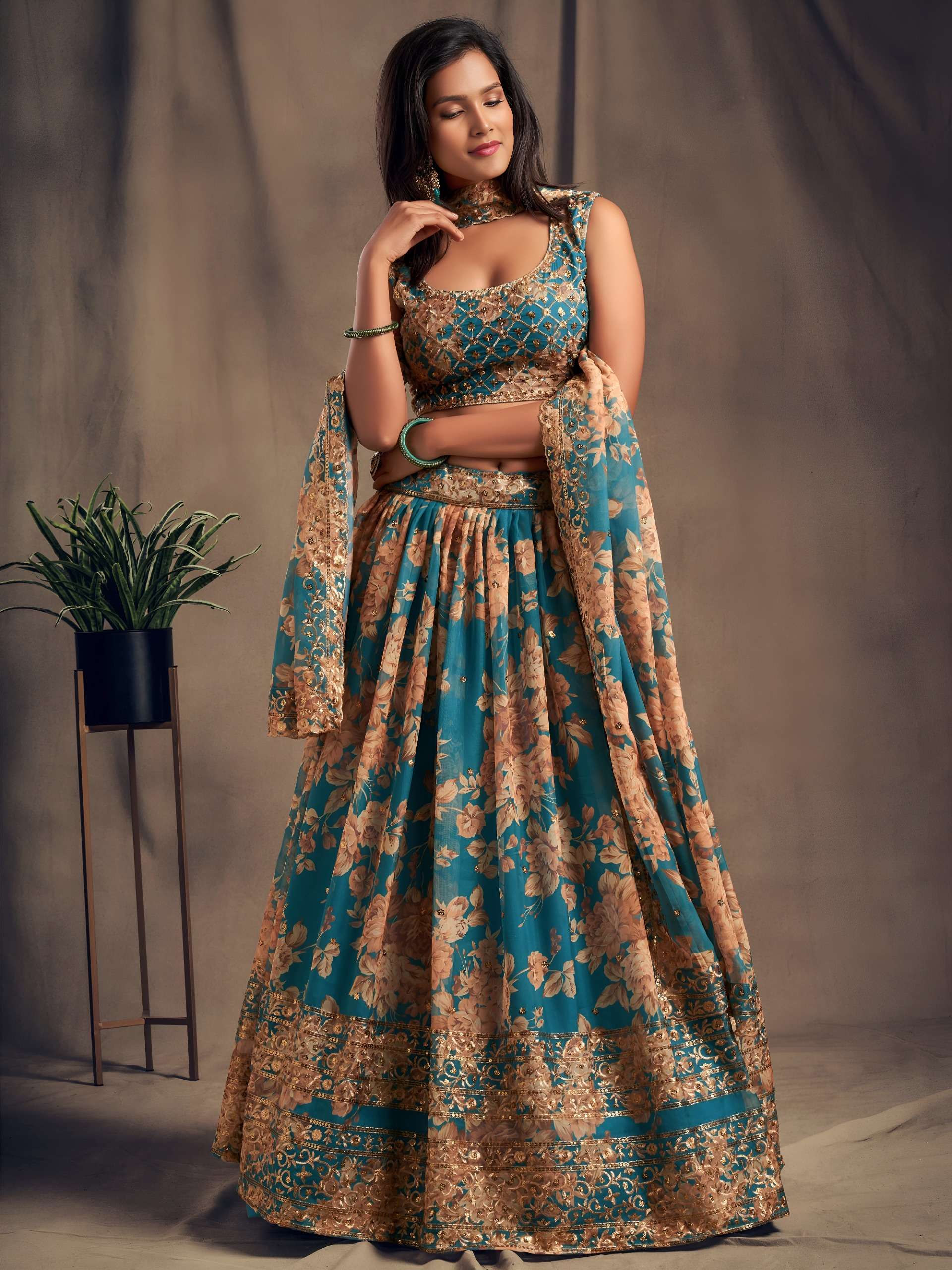 Teal Blue Colour with Organza And Floral Printed On Designer Lehenga Choli Reseller In Surat 7616