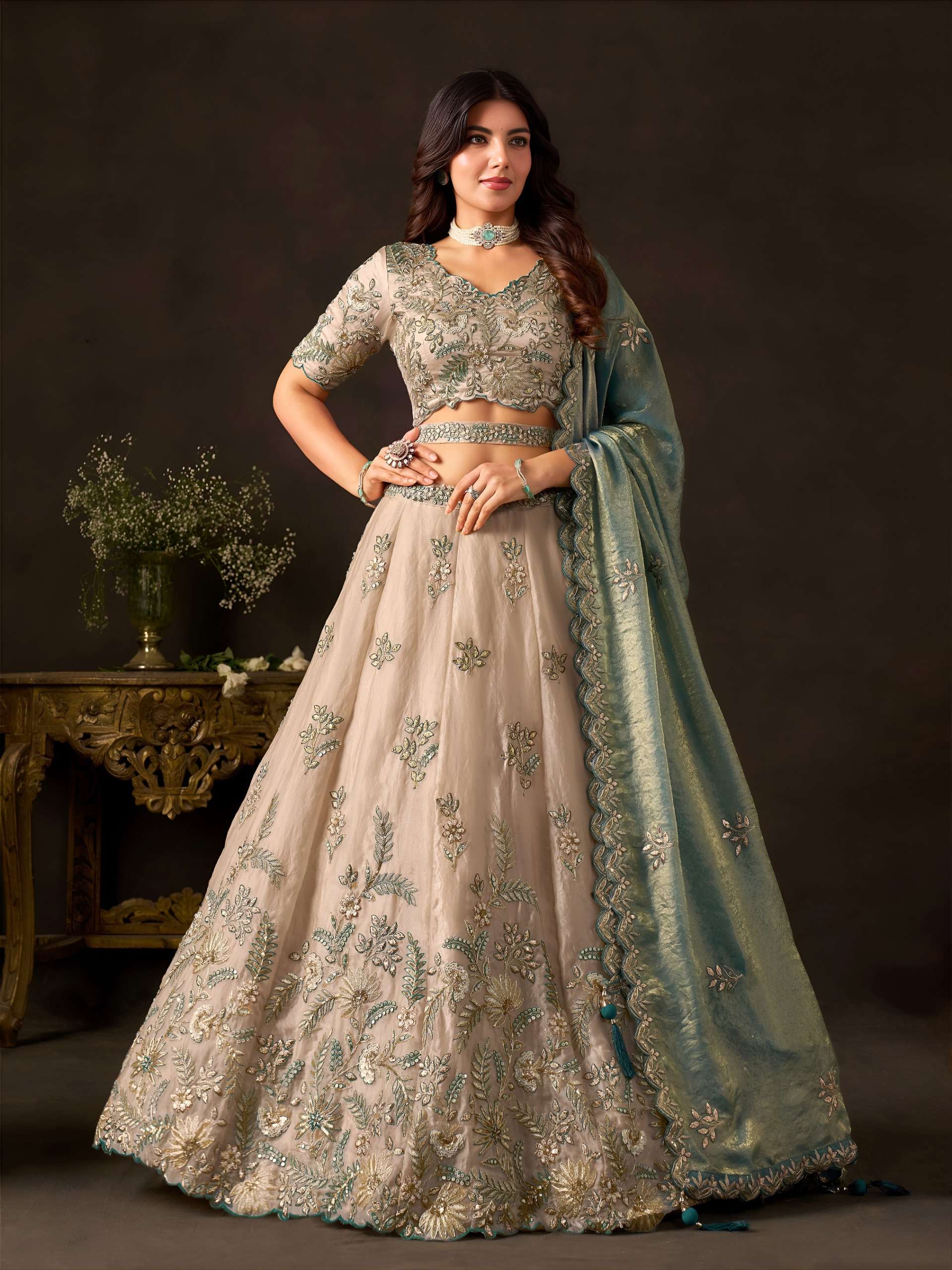 TEAL GOLD COLOUR FLOWER PRINT ON FANCY SILK FABRIC LEHENGA CHOLI WHOLESALE IN SURAT 6019 TEAL GOLD