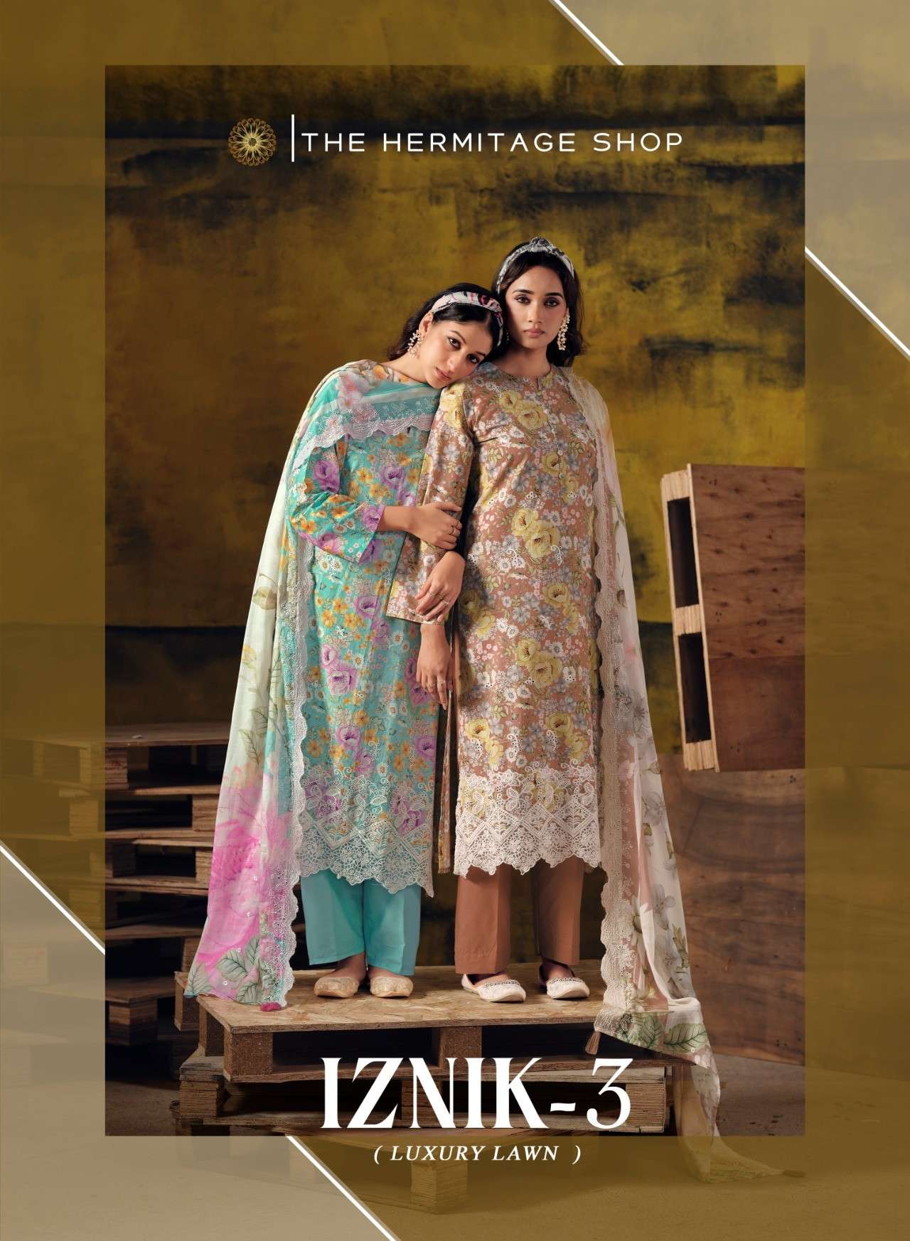 THE HERMITAGE SHOP IZNIK 3 LAWN COTTON SCHIFFLI BORING SALWAR SUIT CATALOGUE RESELLER