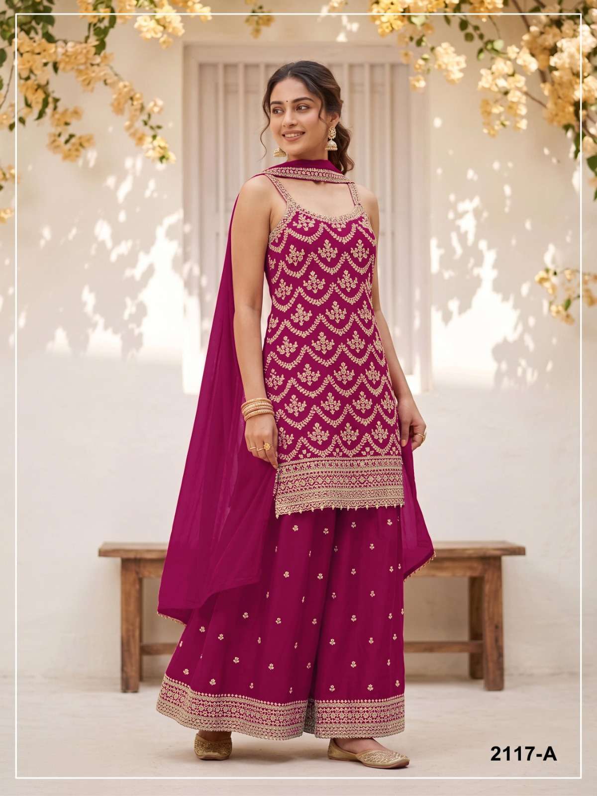 TRIVALI FESTYLE 2117 HEAVY CHINON 3MM EMBROIDERY PALAZZO SUIT FOR SHADI OUTFIT DEALER