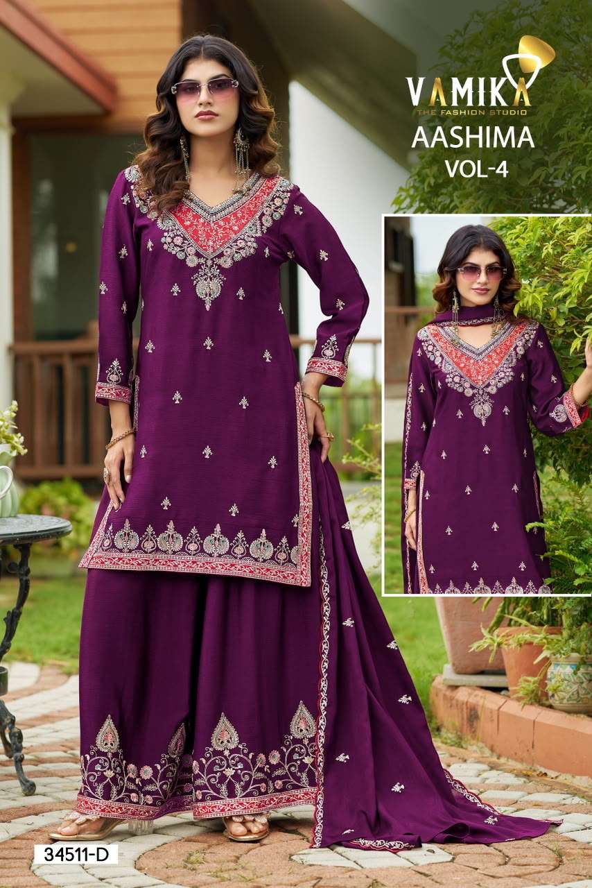 VAMIKA ASHIMA VOL 4 34511 HEAVY REAL CHINON WORK SHARARA SUIT FOR INDIAN WOMEN OUTFIT