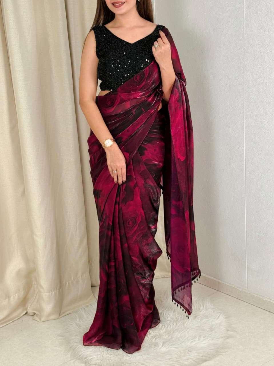 Victoria party wear luxury fancy satin fabric saree wholesale in surat