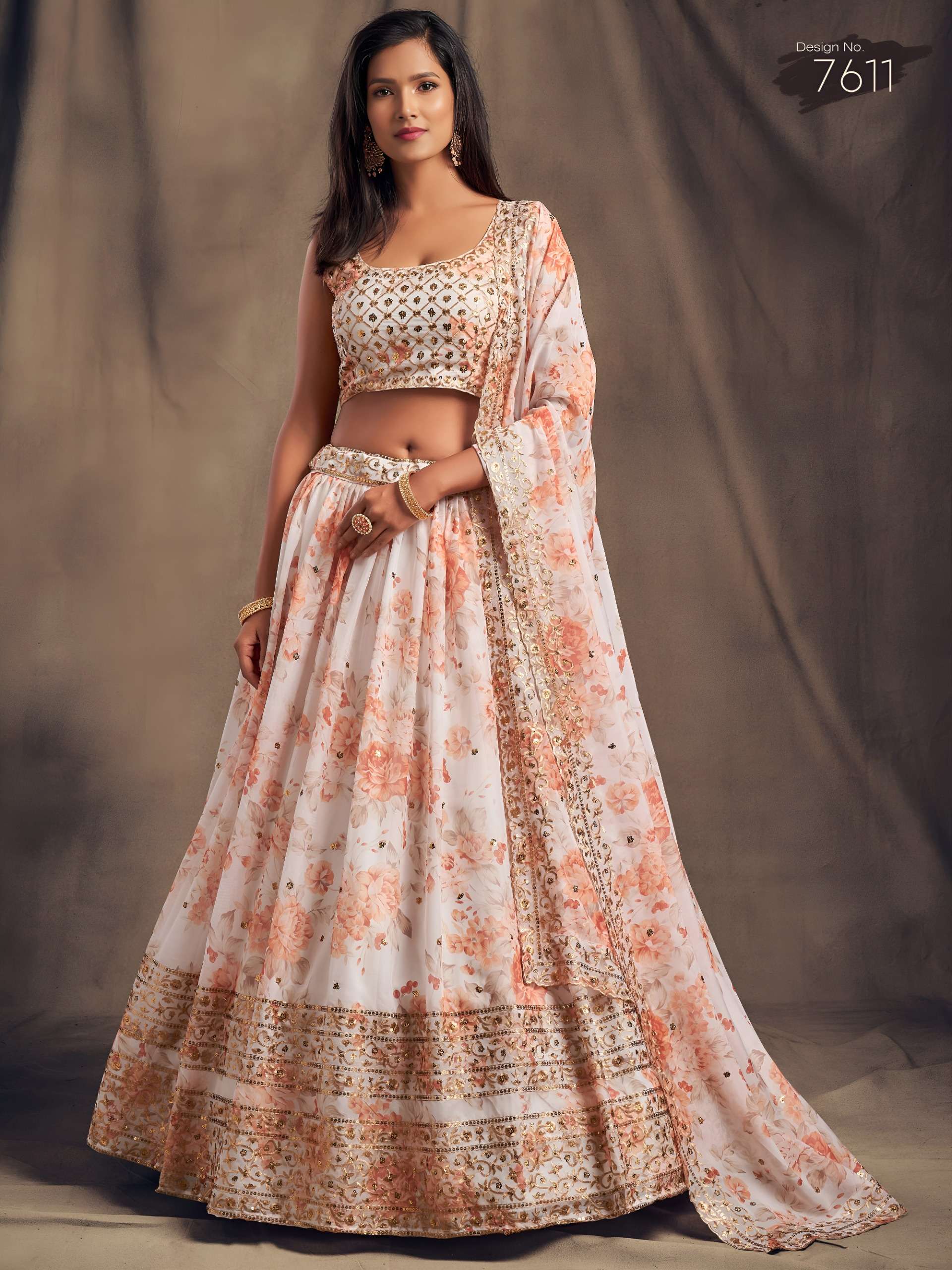 White & Peach Colour With Beautiful Floral Printed On Organza Fabric Lehenga Choli Reseller In Surat 5611