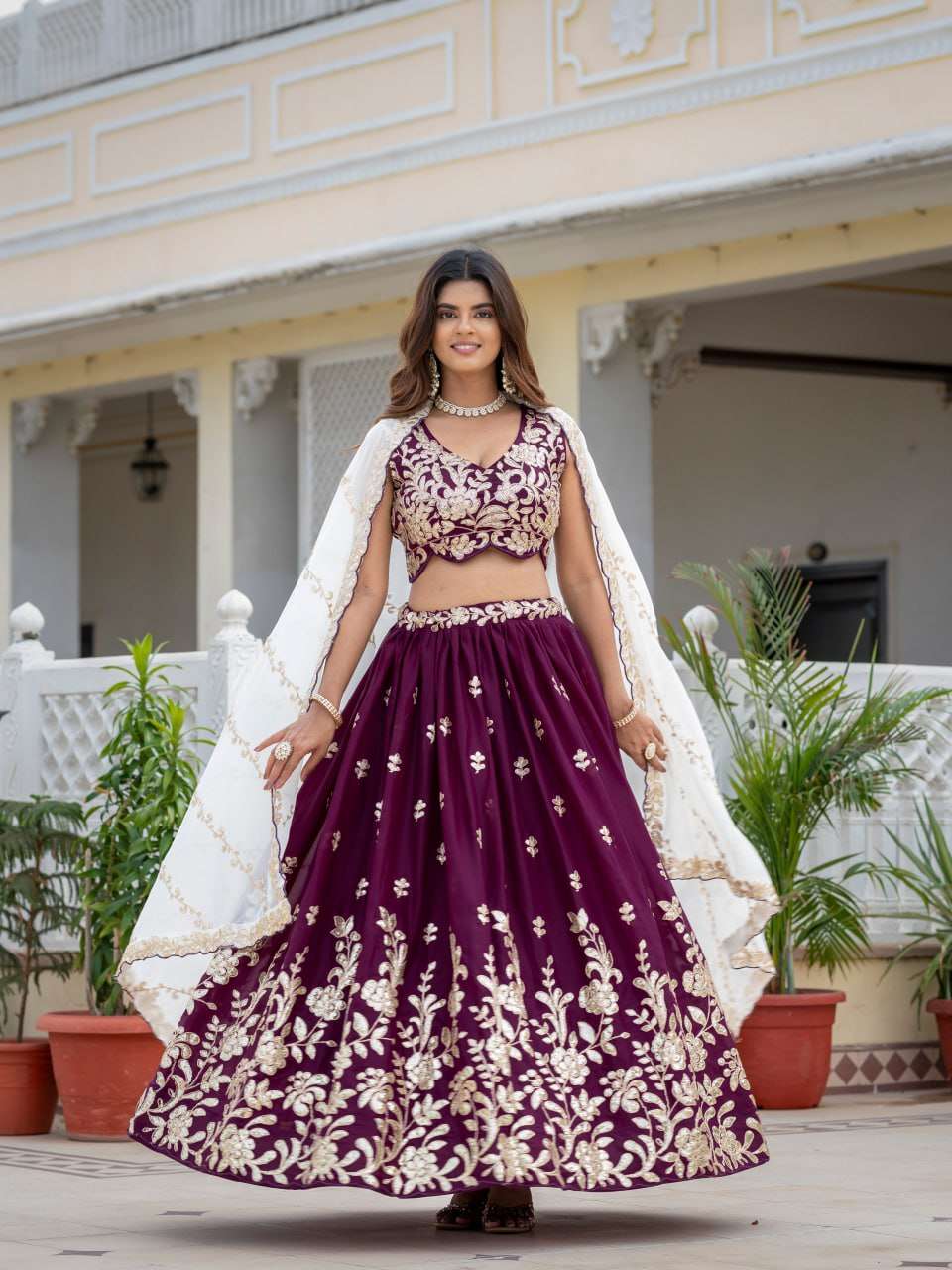 Wine Colour Star Georgette fabric lehenga choli wholesale in...