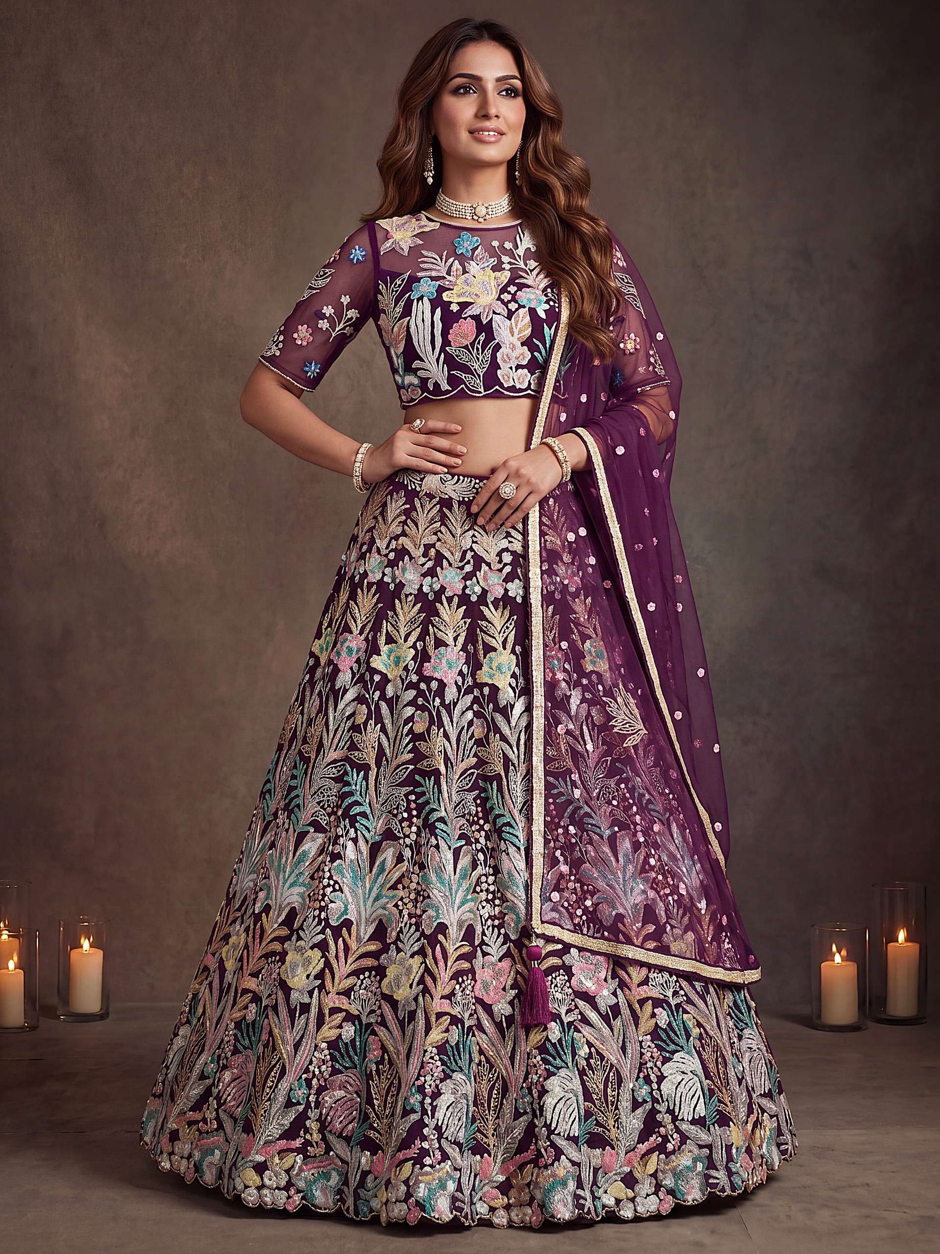 Wine colour with Garden Floral fancy net fabric Lehenga Choli reseller in surat 6032 Wine