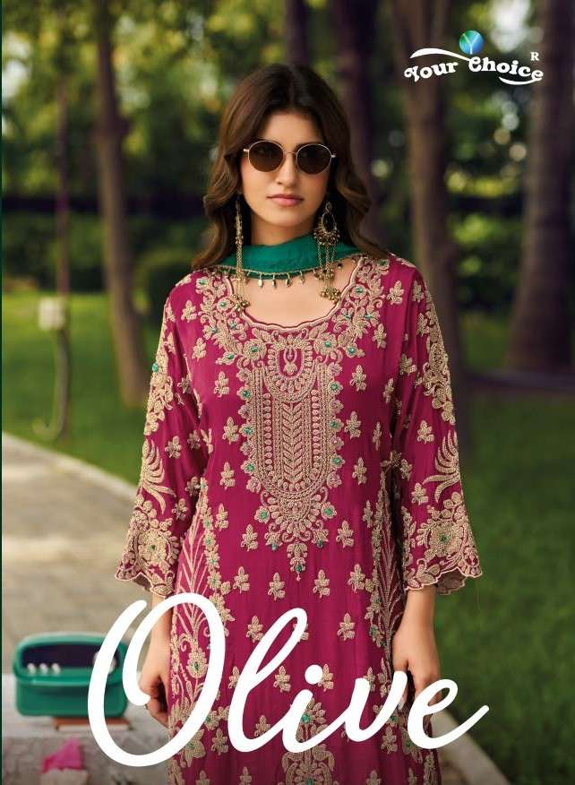 YOUR CHOICE OLIVE CHINON BEATS WORK SHARARA SUIT EXCLUSIVE WEDDING WEAR TEXTILE