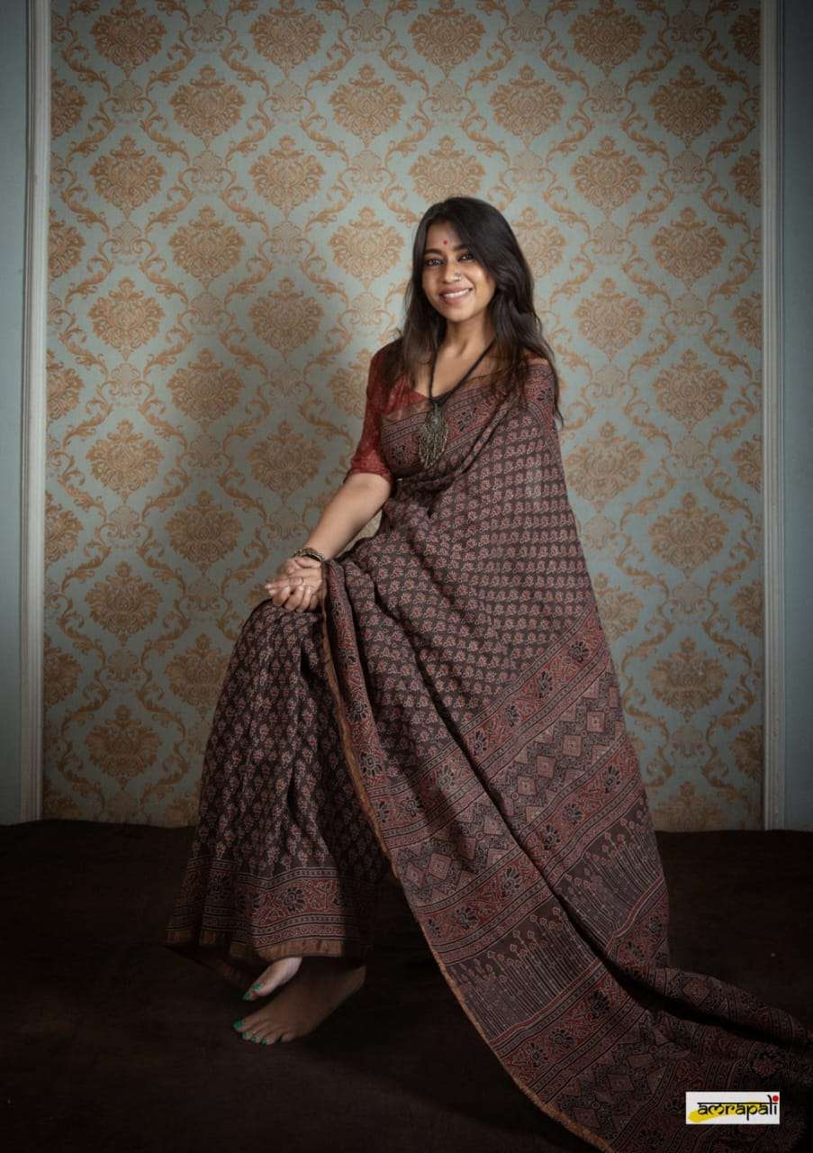 Ajrakh With Wide Zari Patti on on Modal Silk Blue Red Saree Silk Saree  Handmade Saree Shobitam Saree - Etsy