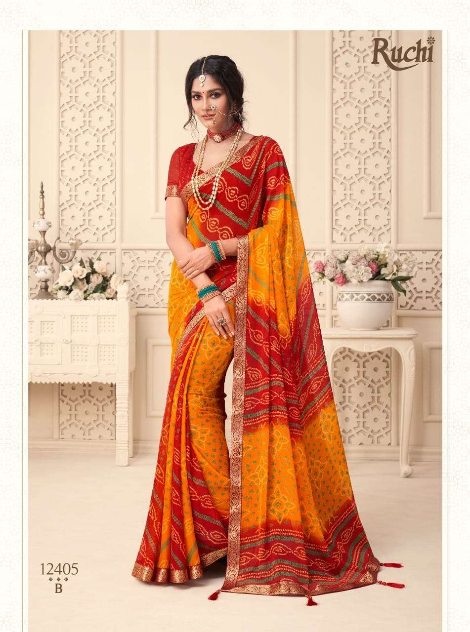 Yashoda Sarees | Uniform Sarees Wholesaler & Exporter in surat » BANDHANI  CATALOGUE WITH HEAVY DYED WORK PALLU wITH bEAUTIFUL pRINT sKIRT fANCY gOTTA  pATTI lACE sUPPLIER