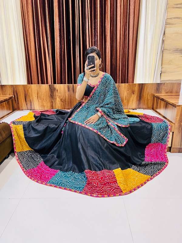 Buy Multi Coloured Brocade Lehenga With Bandhani Print And Heavy Mirror Work  On The Border KALKI Fashion India