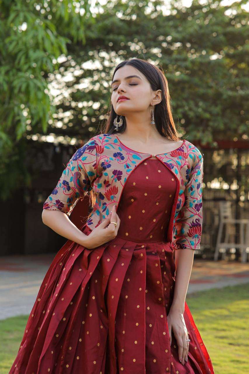 Crimson Color Patola Paithani Printed And Foil Printed Silk Gown – garment  villa