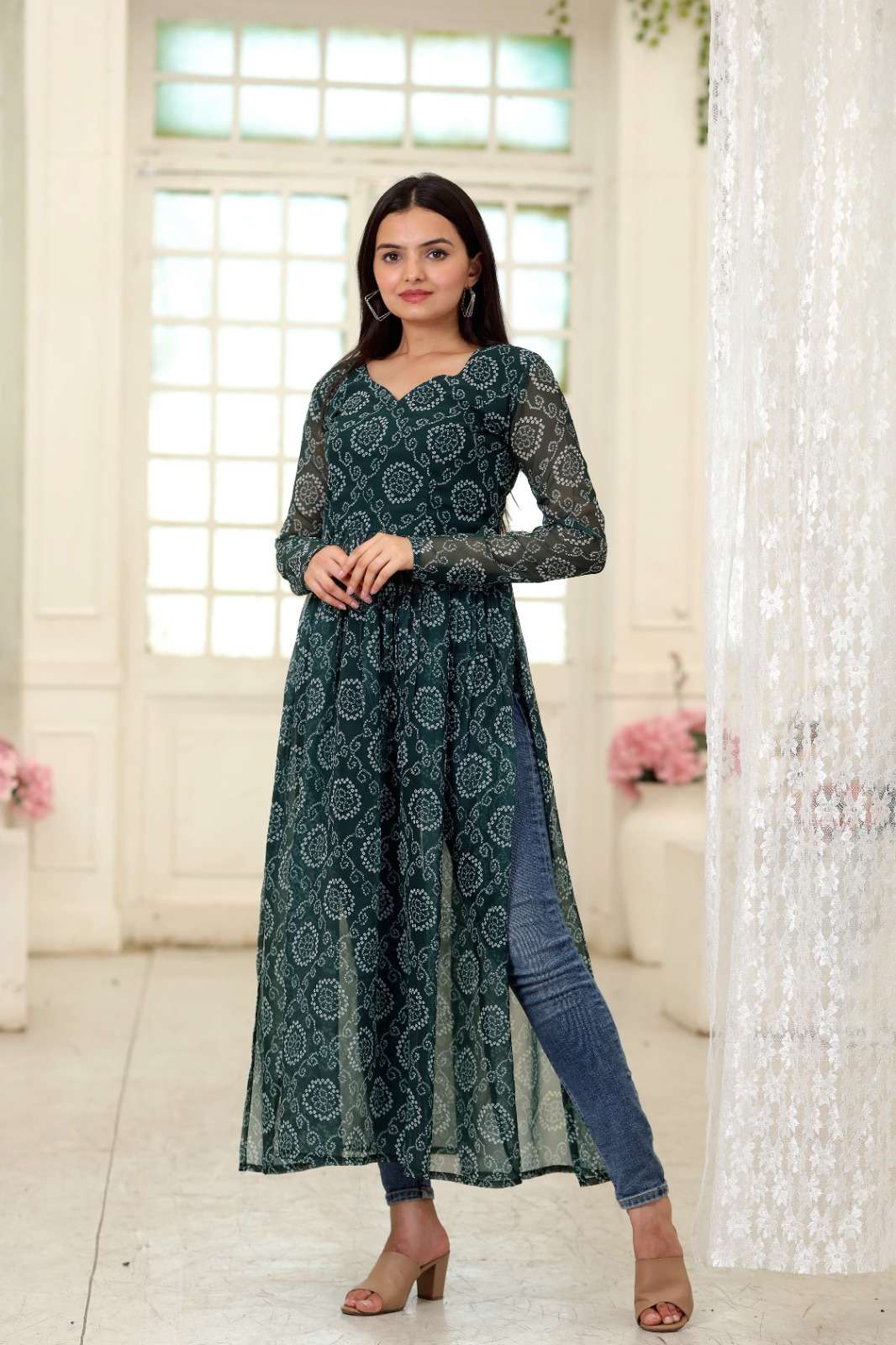 Sage Green Georgette Embroidered A-Line Kurta Set Design by Akriti by  Ritika at Pernia's Pop Up Shop 2024