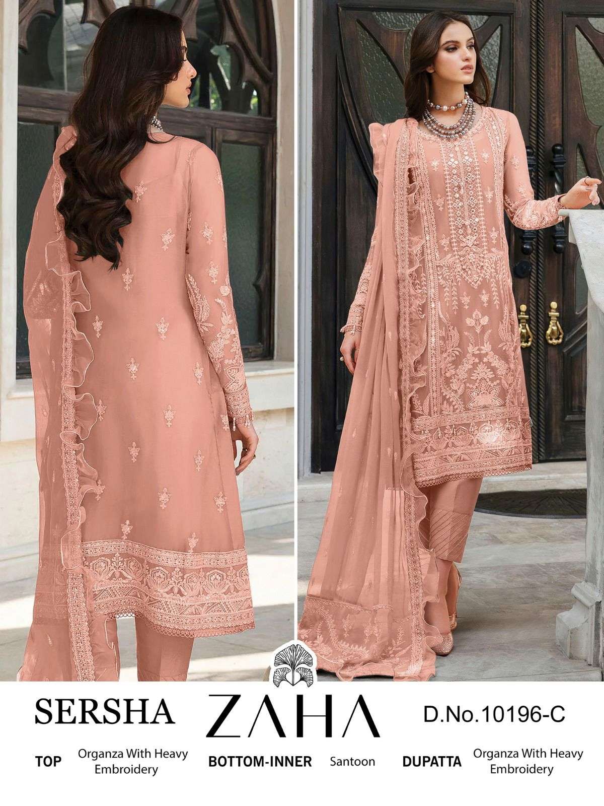 Pakistani embroidered organza dresses in skin gold color – Nameera by Farooq