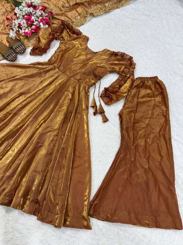 NF 1263 TREND FLARED GOLDEN SHINING KURTI PALAZZO SUIT PARTYWEAR EXPORT NF 1263 TREND FLARED GOLDEN SHINING KURTI PALAZZO SUIT PARTYWEAR EXPORT