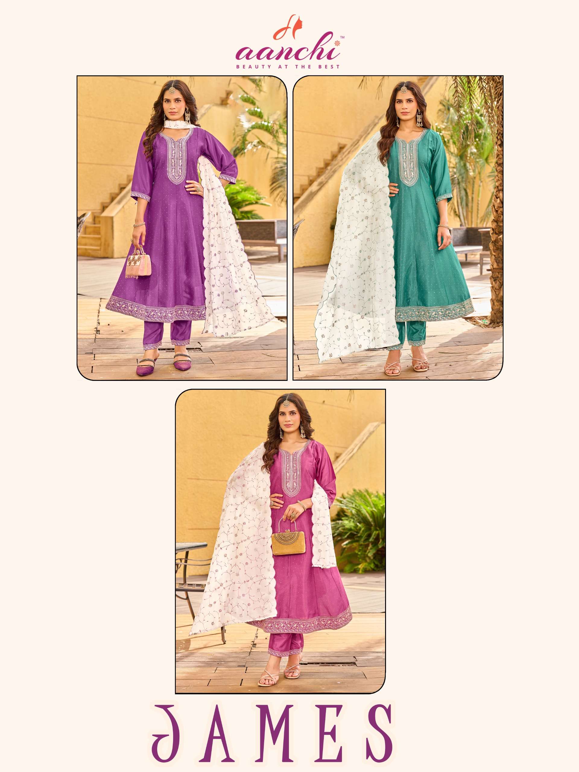 AANCHI JAMES BOUTIQUE CRYSTAL SILK READYMADE RUND KURTI SUIT FESTIVAL WEAR EXPORT
