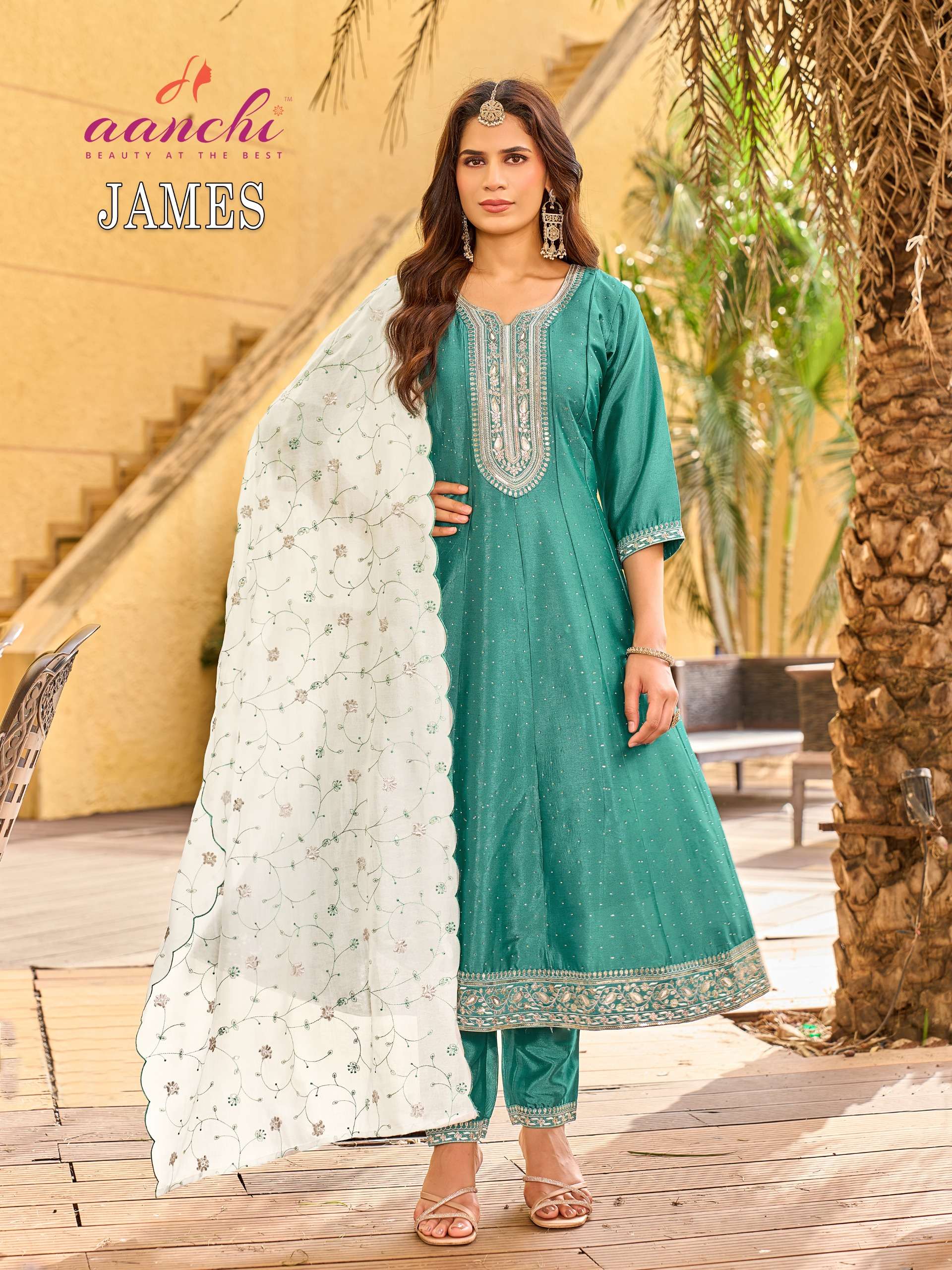 AANCHI JAMES BOUTIQUE CRYSTAL SILK READYMADE RUND KURTI SUIT FESTIVAL WEAR EXPORT