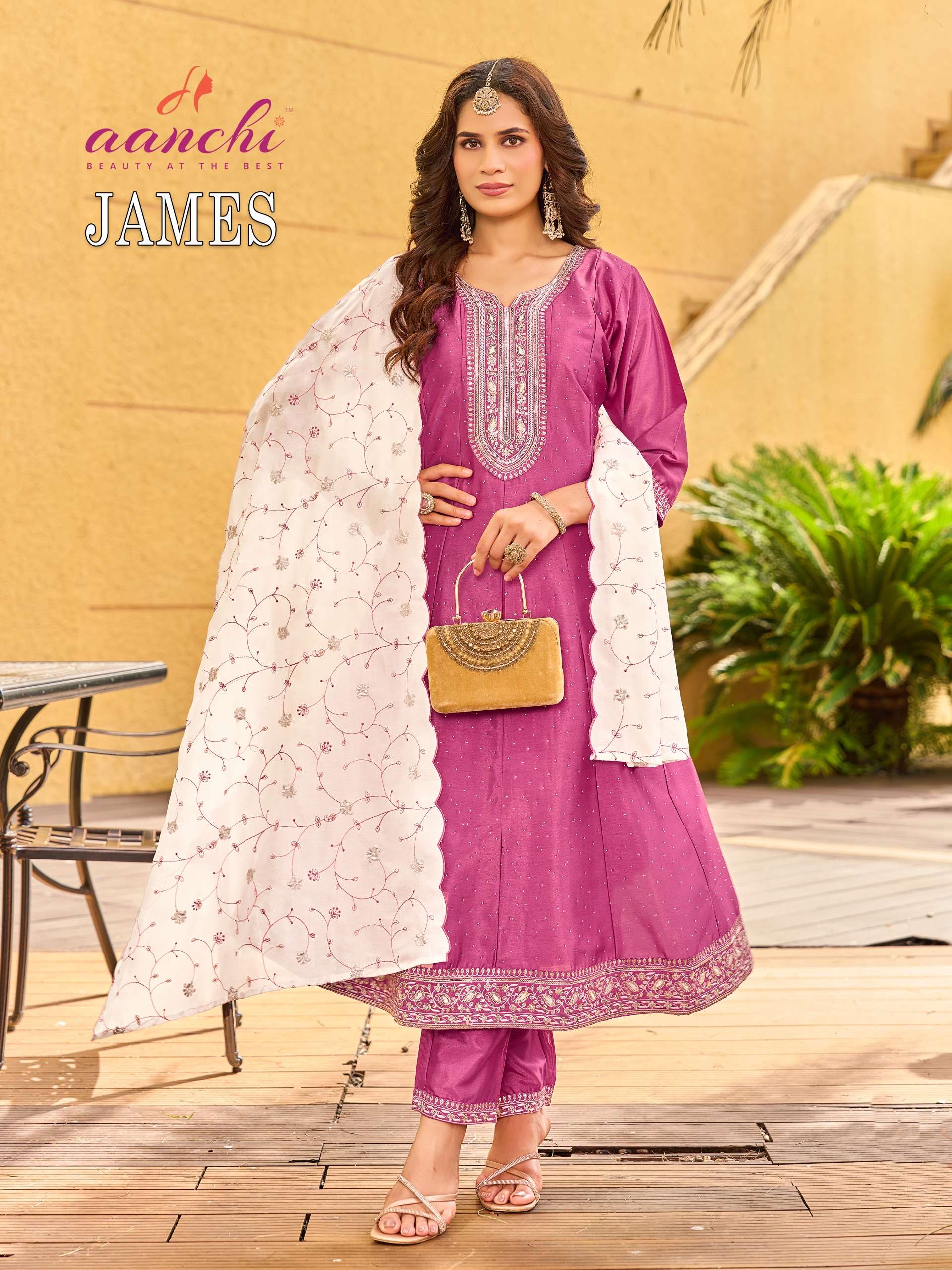 AANCHI JAMES BOUTIQUE CRYSTAL SILK READYMADE RUND KURTI SUIT FESTIVAL WEAR EXPORT