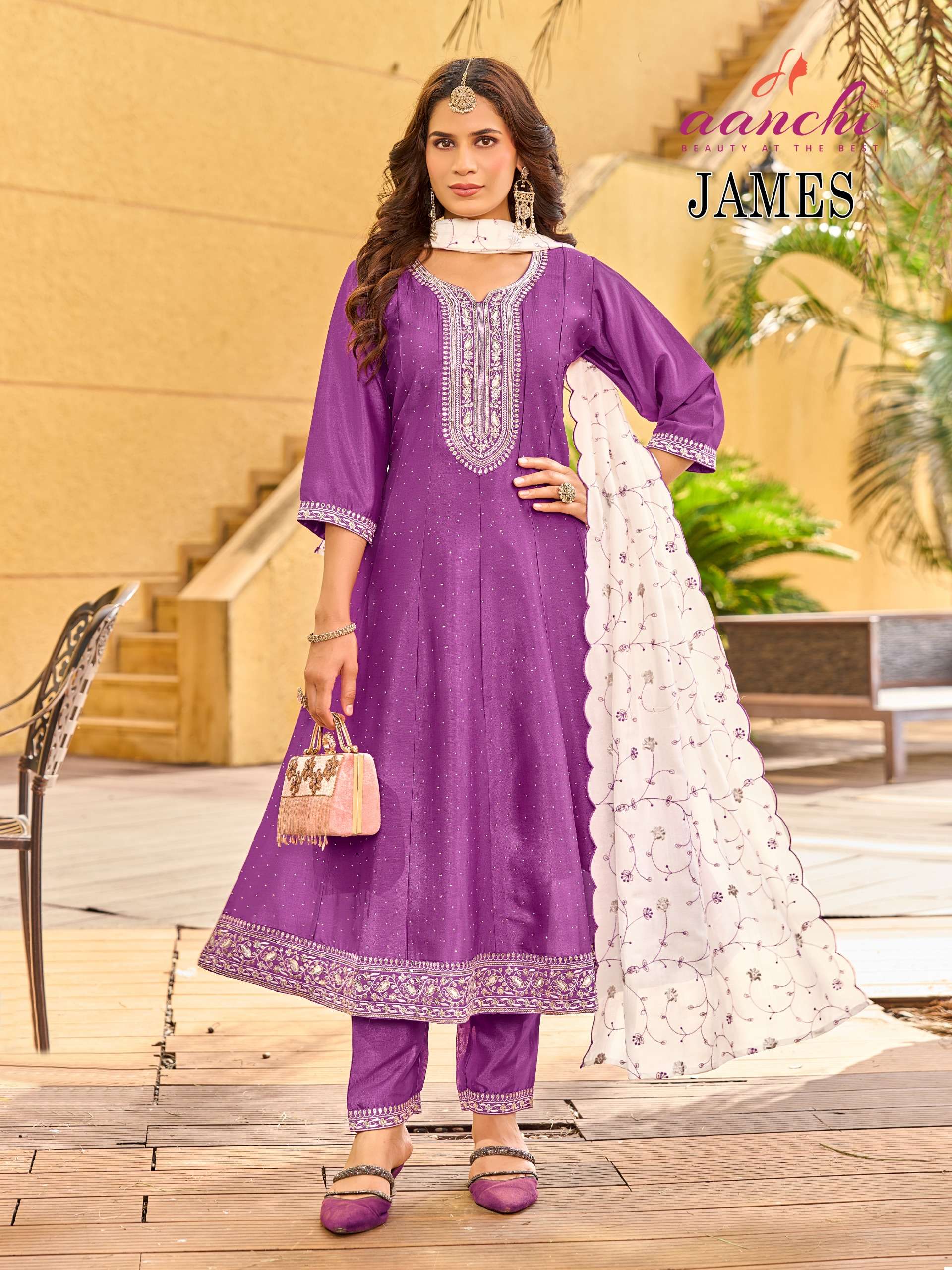AANCHI JAMES BOUTIQUE CRYSTAL SILK READYMADE RUND KURTI SUIT FESTIVAL WEAR EXPORT