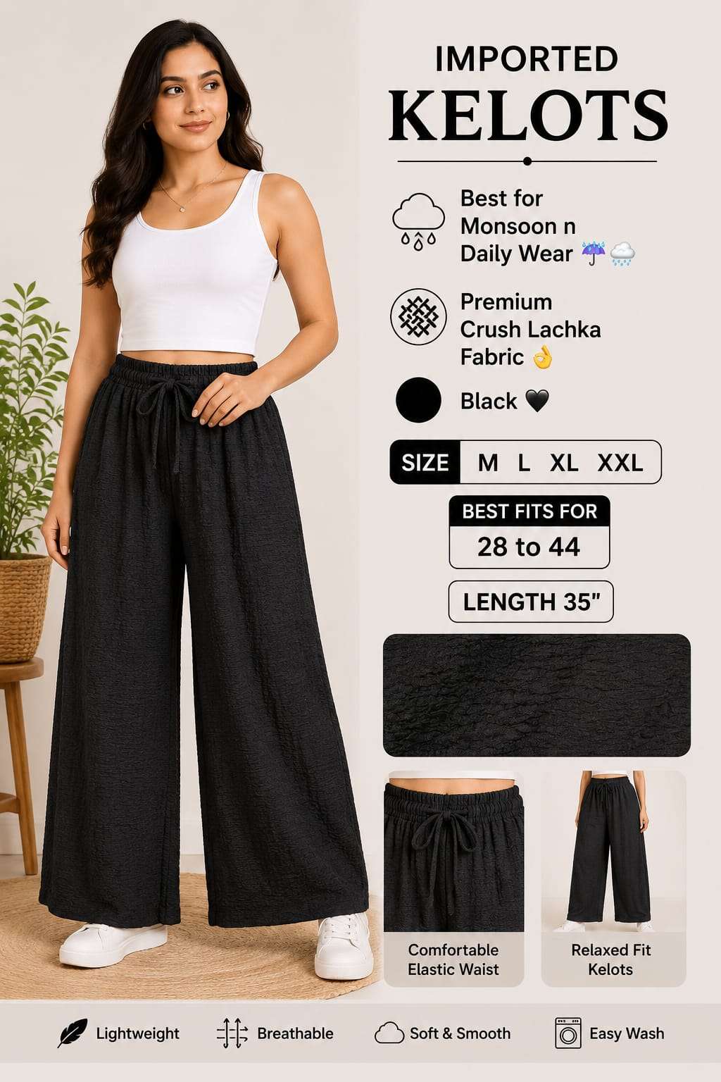IMPORTED KELOTS LACHKA FABRIC BLACK PANT FOR WOMEN TREND EXPORT