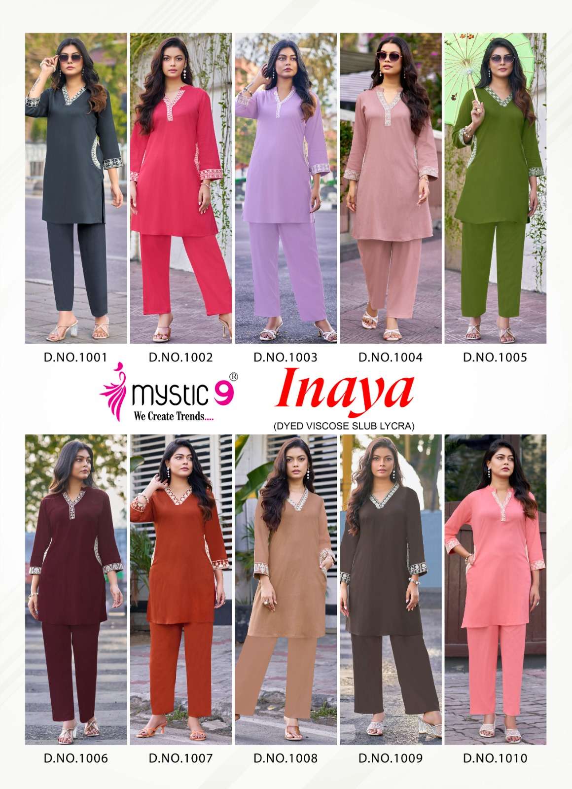 MYSTIC 9 INAYA VOL 1 DYED HEAVY VISCOSE SLUB LYCRA CO ORD SET CATALOGUE EXPORT 