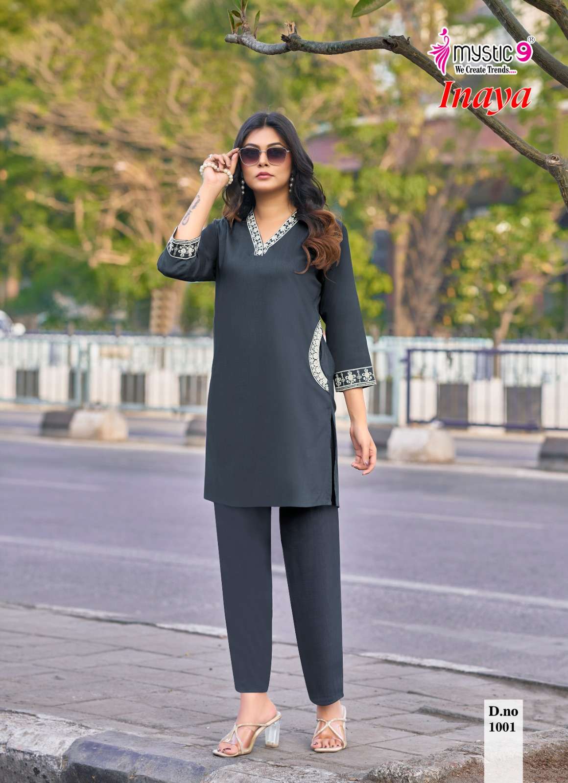 MYSTIC 9 INAYA VOL 1 DYED HEAVY VISCOSE SLUB LYCRA CO ORD SET CATALOGUE EXPORT 