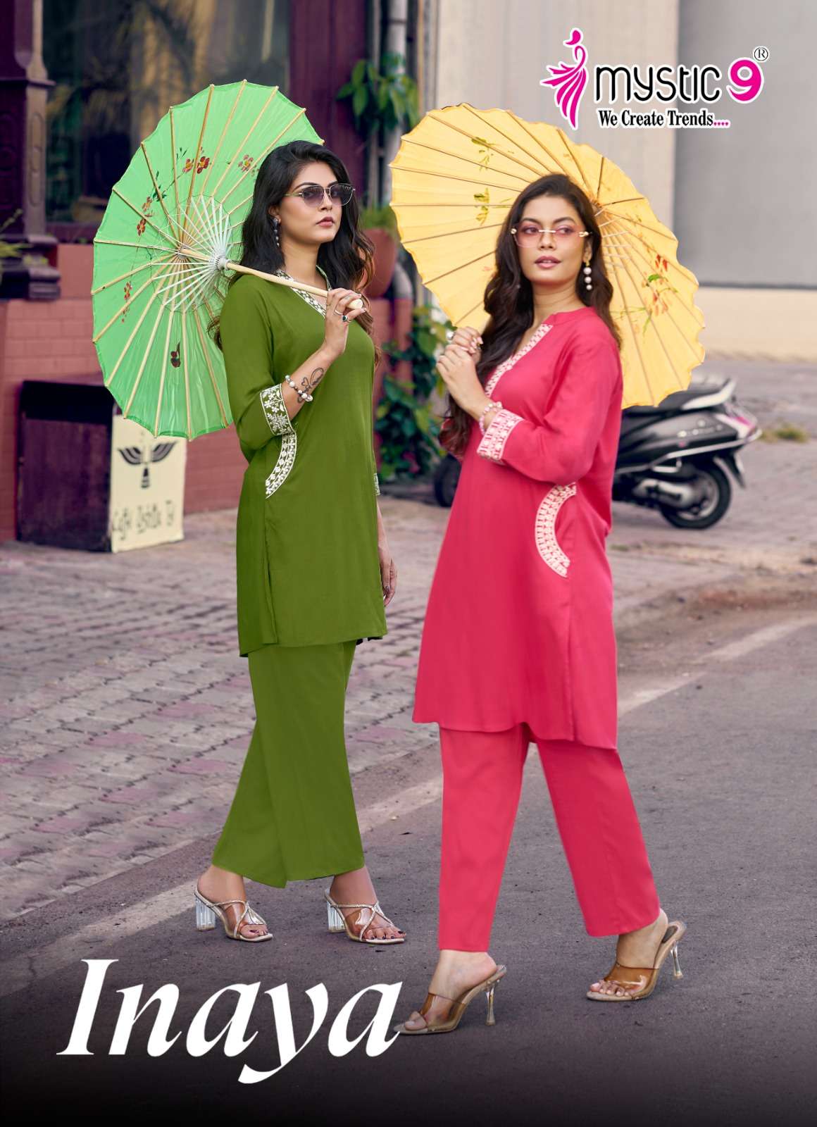 MYSTIC 9 INAYA VOL 1 DYED HEAVY VISCOSE SLUB LYCRA CO ORD SET CATALOGUE EXPORT 
