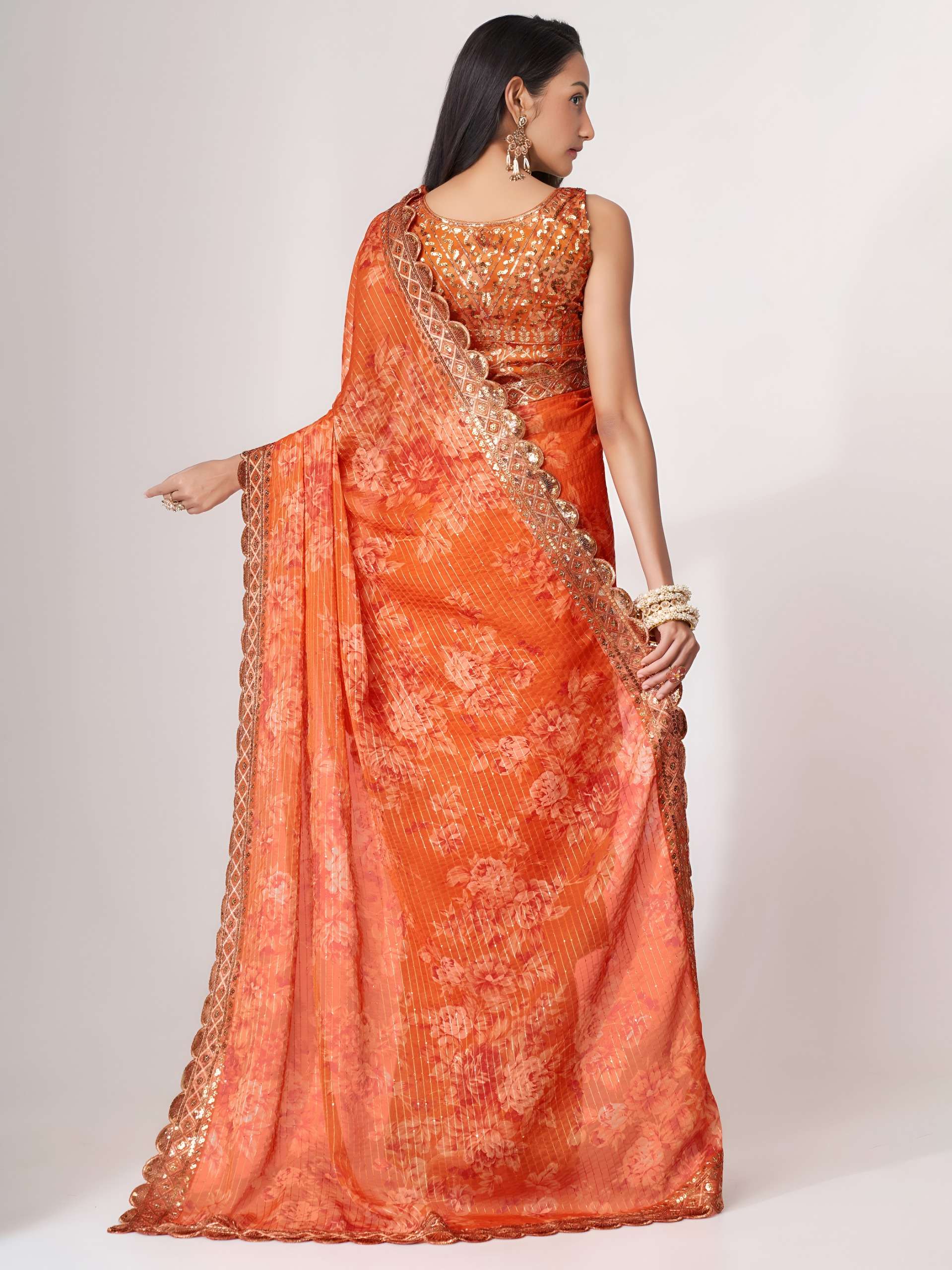  Orange colour with Organza fabric Floral Embroidered and Designer work on Saree wholesale in surat 1102 Orange 