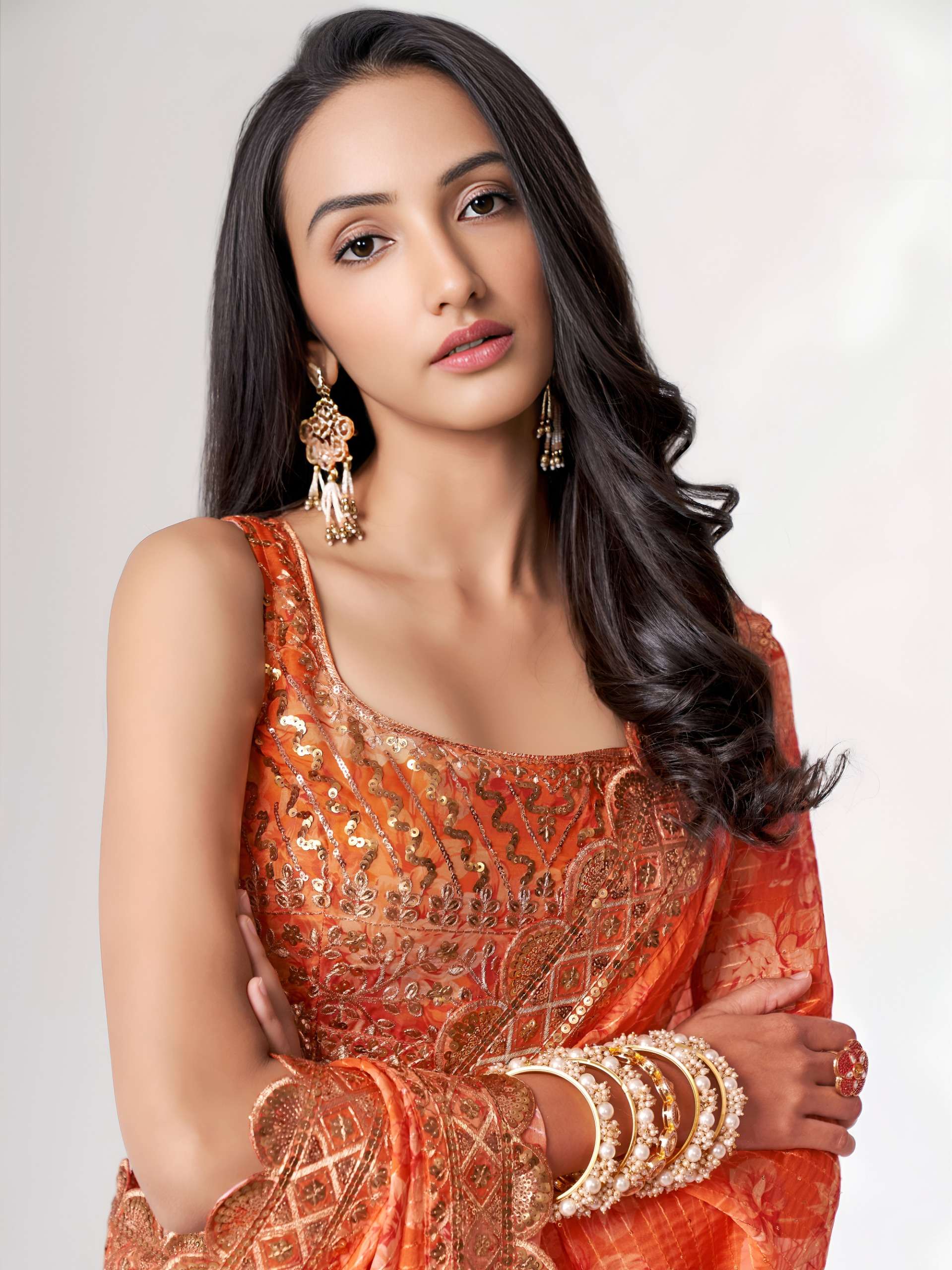  Orange colour with Organza fabric Floral Embroidered and Designer work on Saree wholesale in surat 1102 Orange 