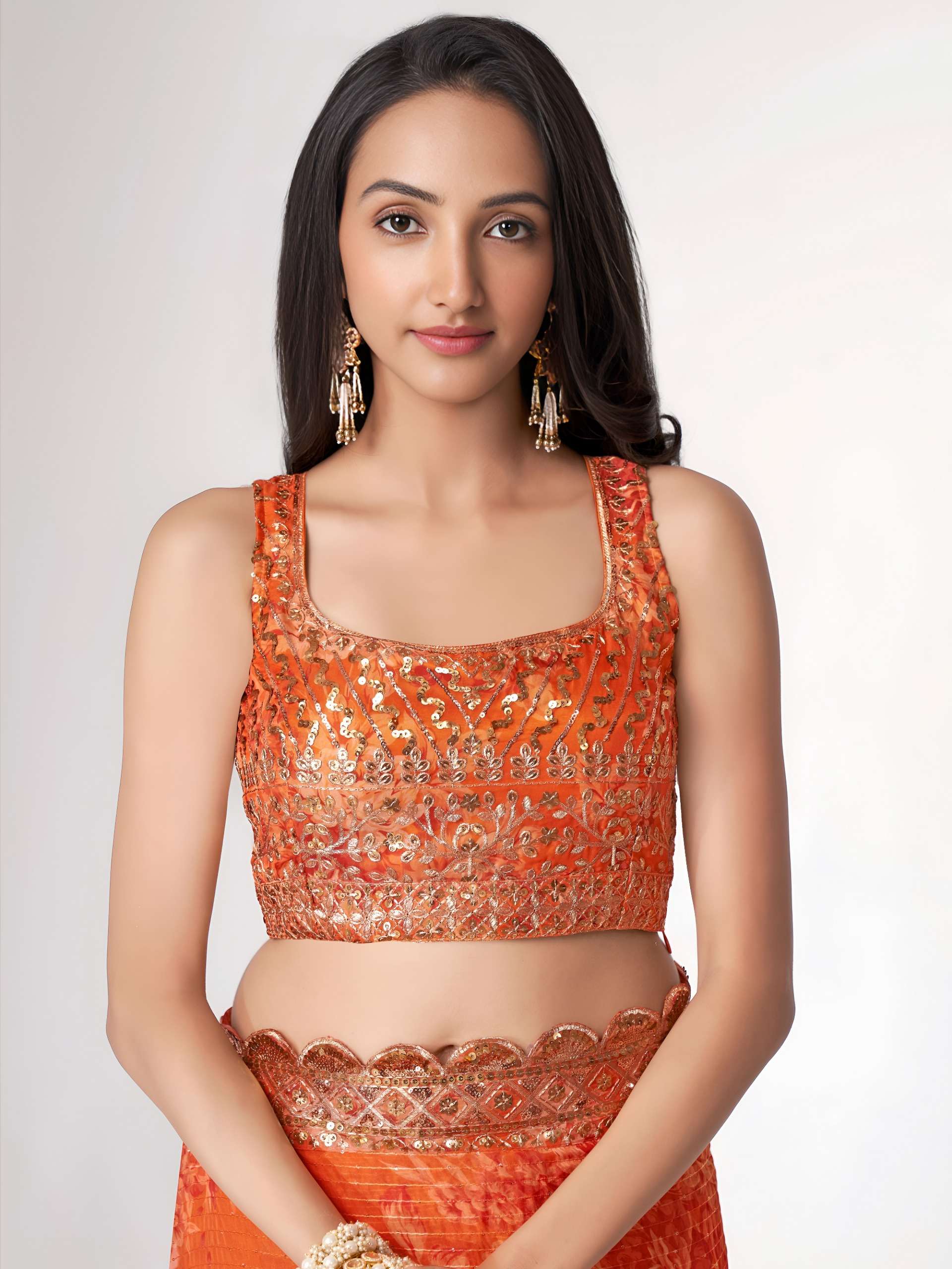  Orange colour with Organza fabric Floral Embroidered and Designer work on Saree wholesale in surat 1102 Orange 