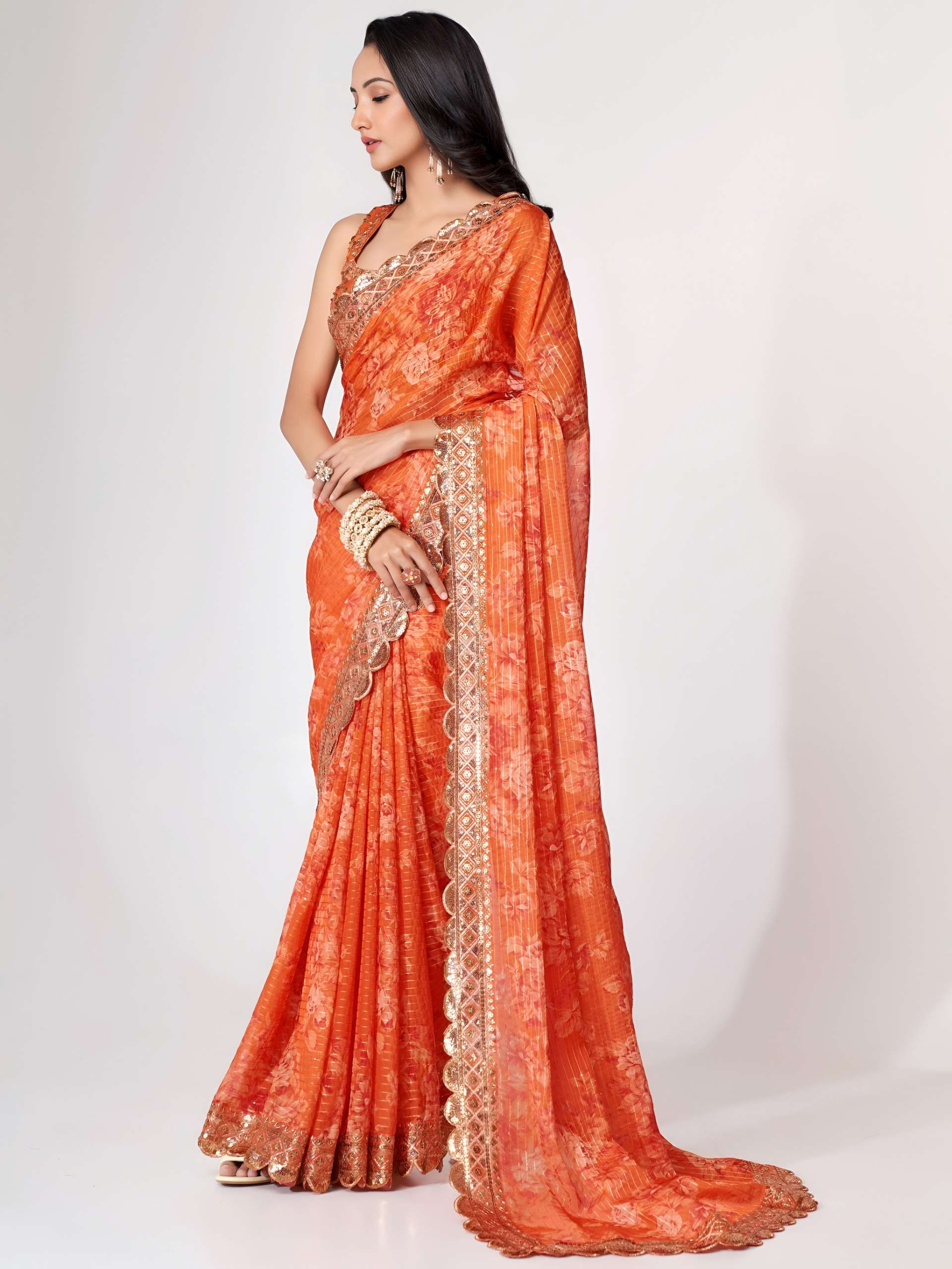  Orange colour with Organza fabric Floral Embroidered and Designer work on Saree wholesale in surat 1102 Orange 