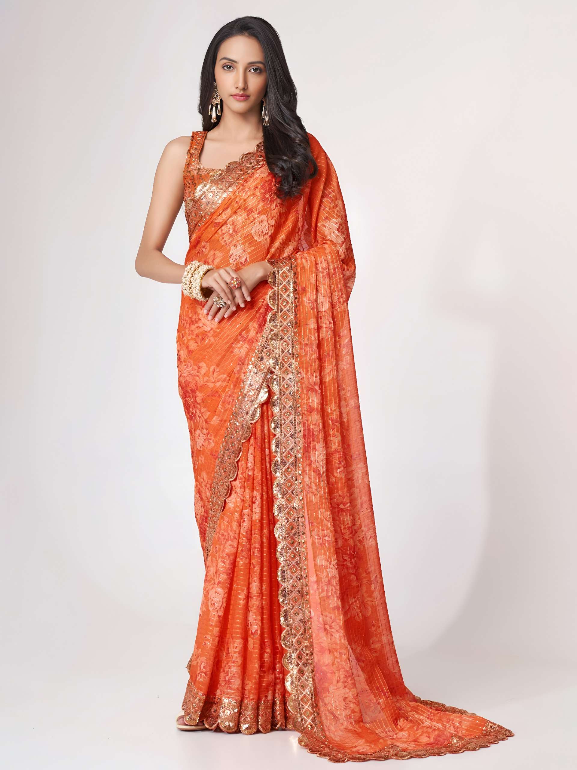  Orange colour with Organza fabric Floral Embroidered and Designer work on Saree wholesale in surat 1102 Orange 