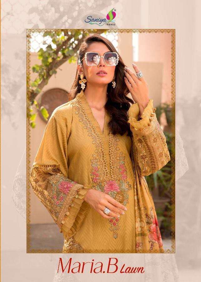 Saniya Trendz Maria b Lawn Cambric Cotton Printed With Embroidery patch work Pakistani Suits Collection