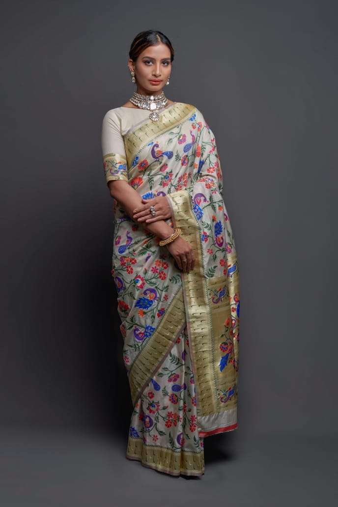  Apoorva pure silk paithani traditional white saree collection
