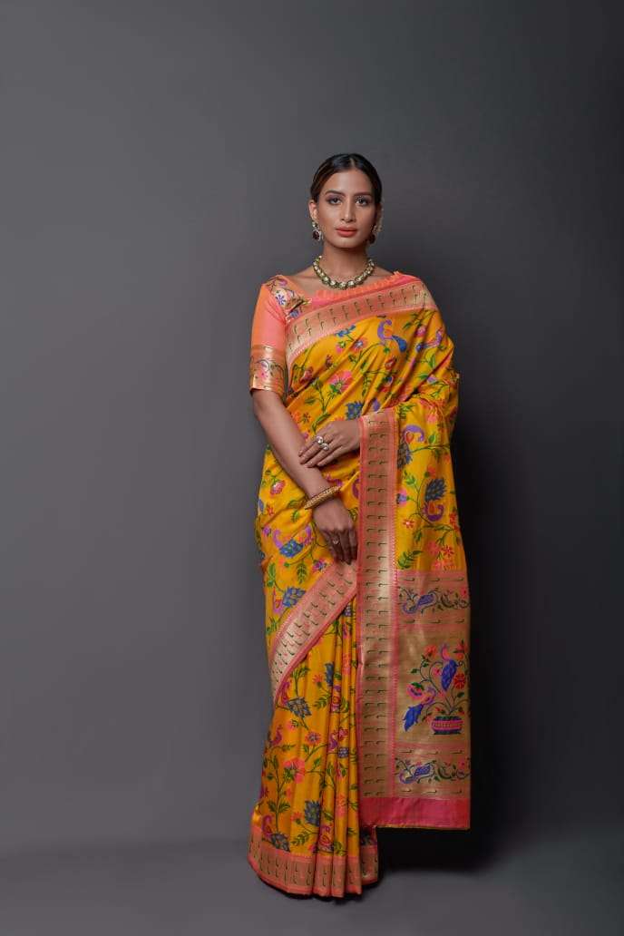  Apoorva pure silk paithani traditional yellow saree collection