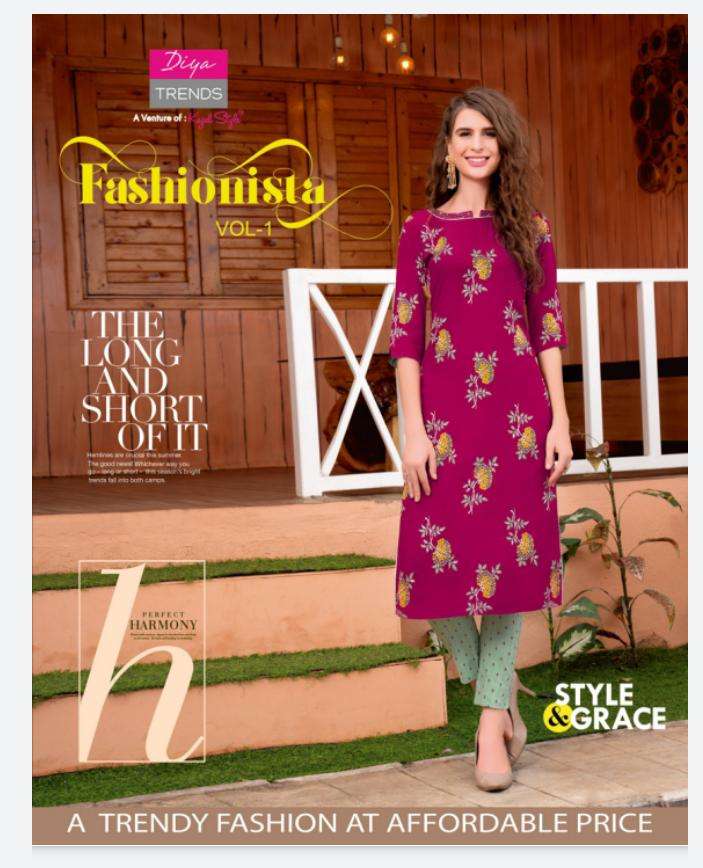 Diya Trends Fashionista Vol 1 Rayon printed with Embroidery Work Kurtis With Pant collection